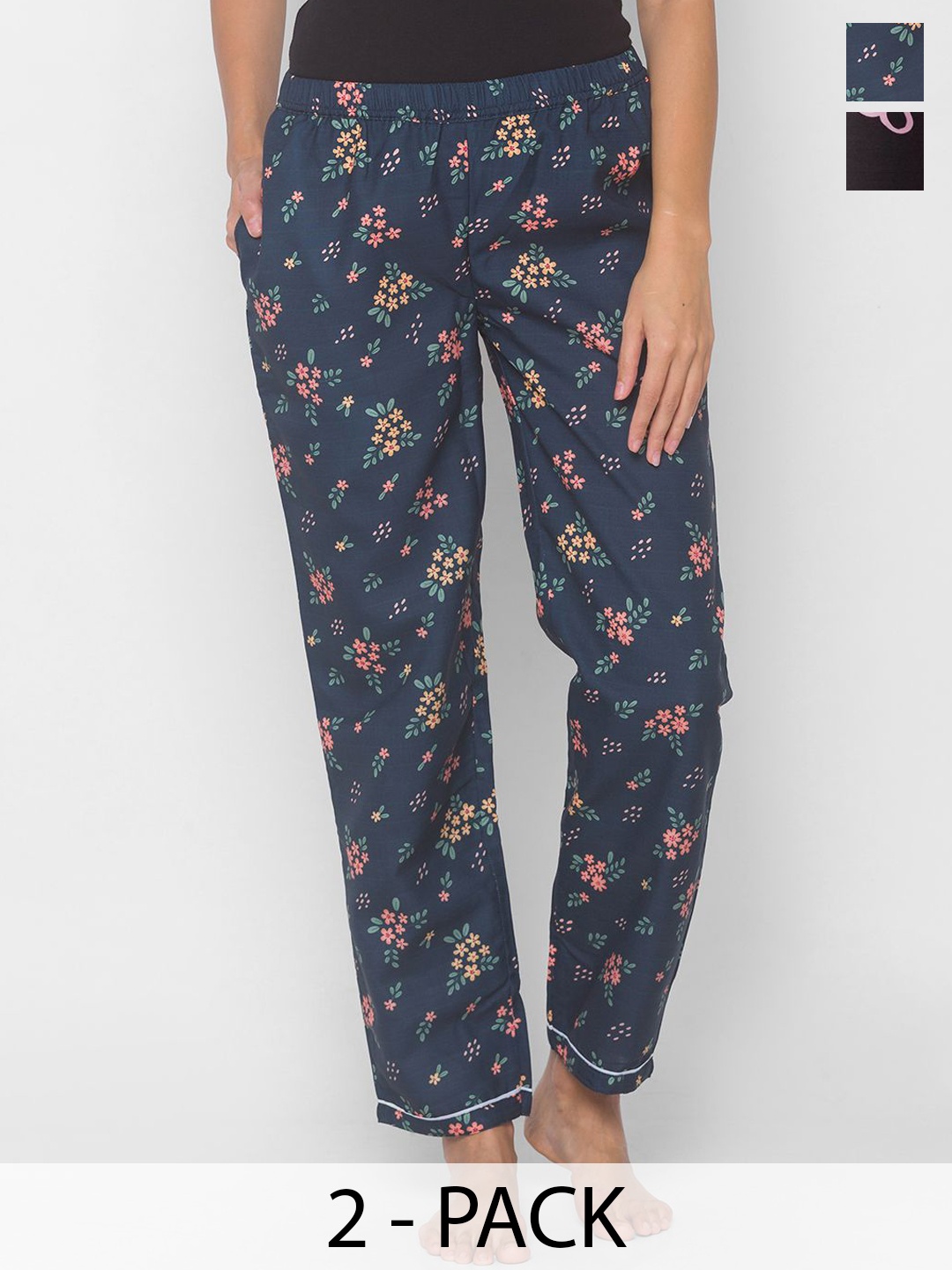 

NOIRA Women Pack Of 2 Printed Mid-Rise Straight Leg Lounge Pants, Navy blue