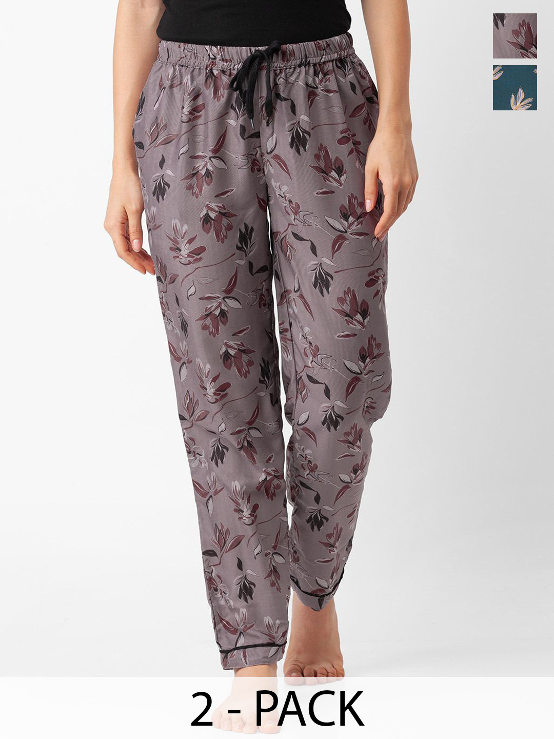 

NOIRA Women Pack Of 2 Printed Mid-Rise Lounge Pants, Grey