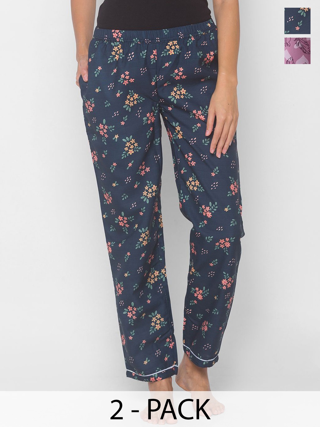 

NOIRA Women Pack Of 2 Printed Mid-Rise Straight Leg Lounge Pants, Purple