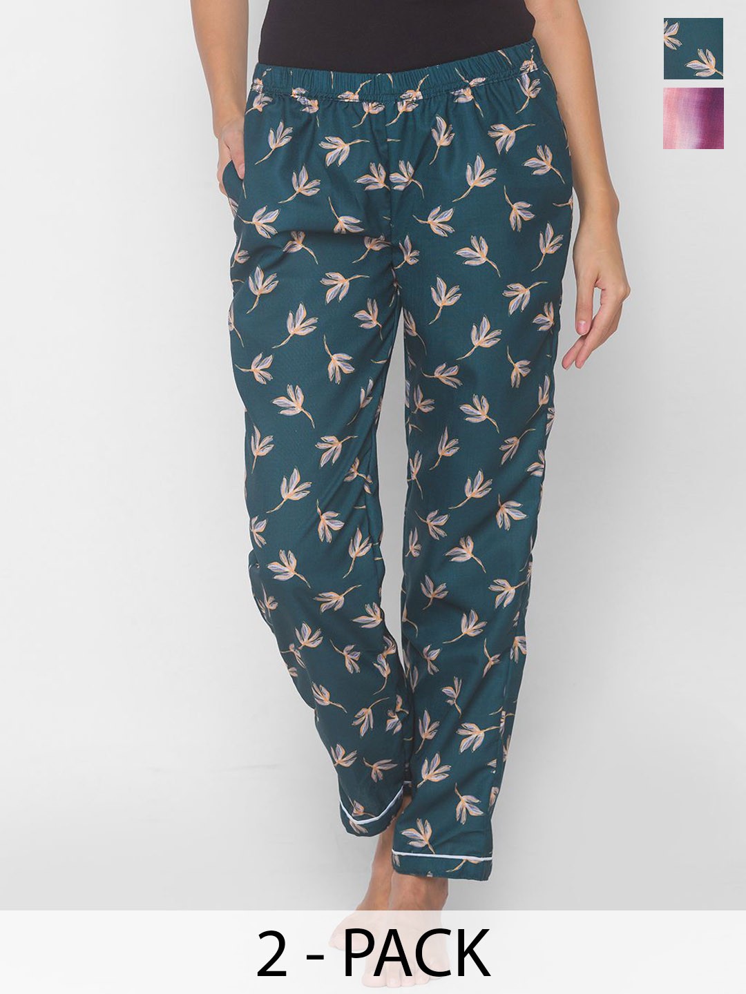 

NOIRA Women Pack Of 2 Printed Mid-Rise Lounge Pants, Teal