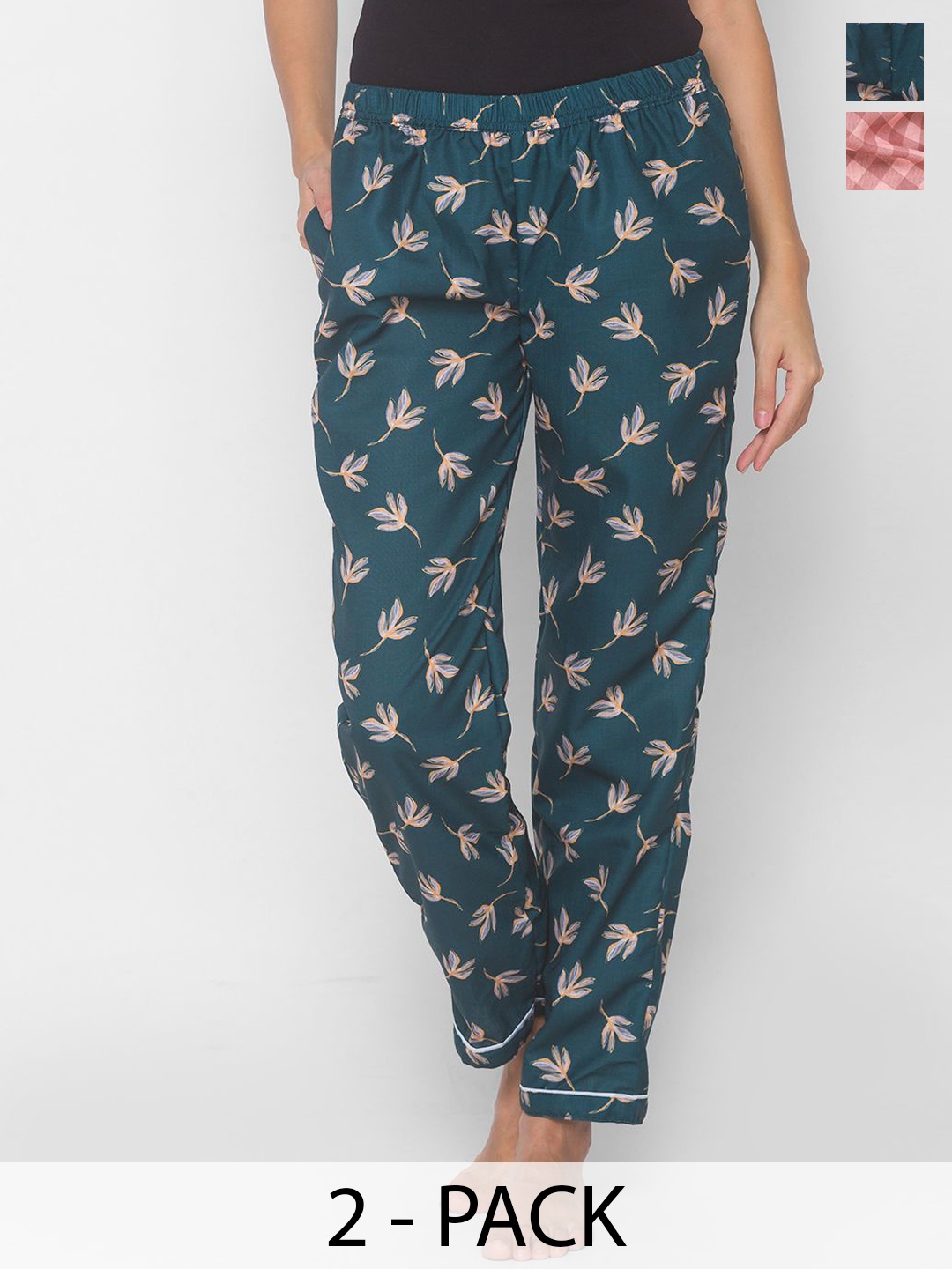 

NOIRA Women Pack Of 2 Printed Mid Rise Straight Lounge Pants, Teal
