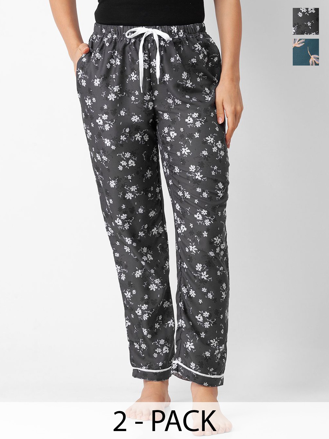 

NOIRA Women Pack Of 2 Printed Mid-Rise Lounge Pants, Black