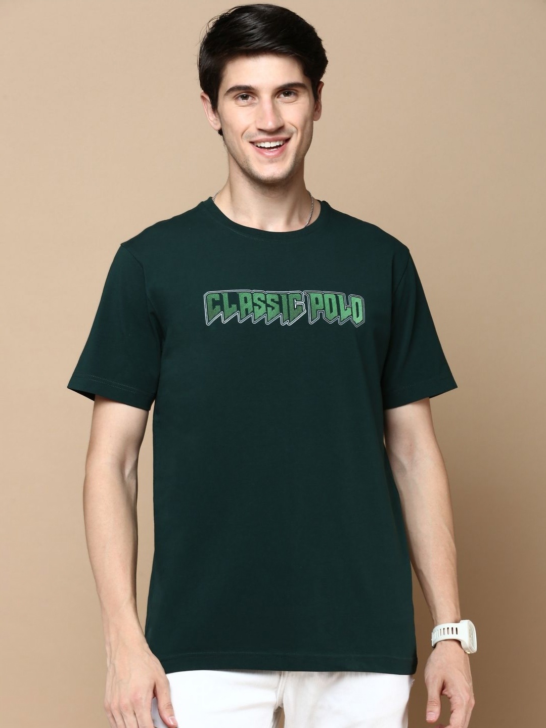 

Classic Polo Men Typography Printed Round Neck Pure Cotton T-shirt, Green