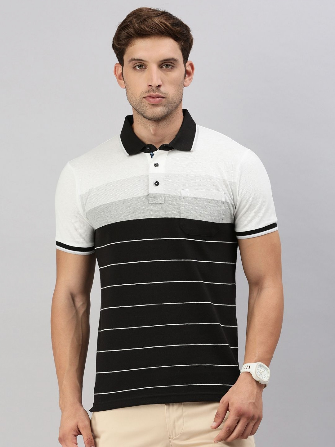 

Classic Polo Men Striped Polo Collar Cotton Slim Fit T-shirt, Black
