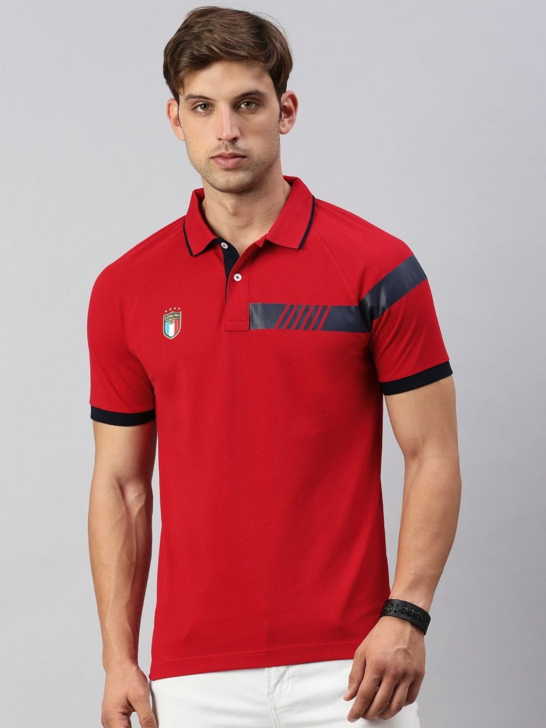 

Classic Polo Men Striped Polo Collar Cotton Slim Fit T-shirt, Red