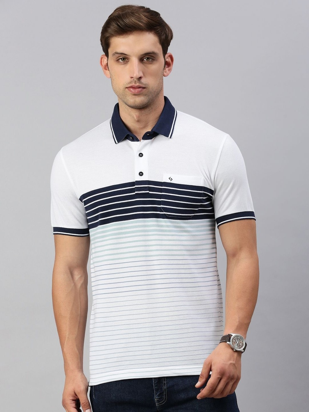 

Classic Polo Men Striped Polo Collar Cotton Slim Fit T-shirt, White