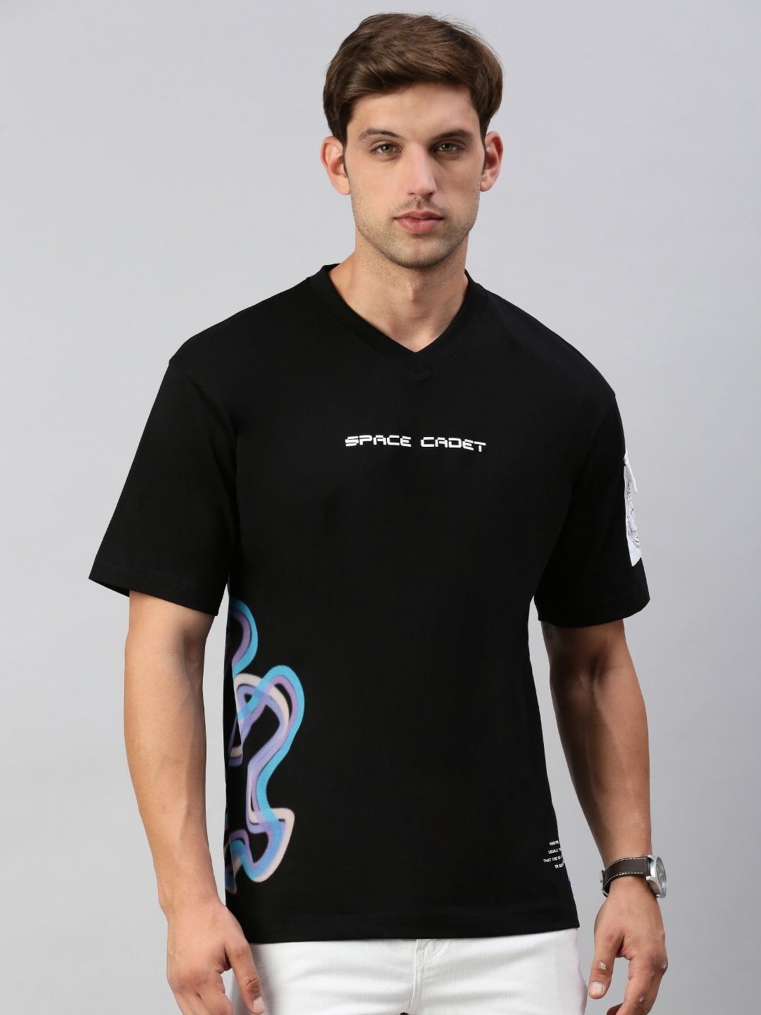

Classic Polo Men Typography Printed V-Neck Cotton Relaxed Fit T-shirt, Black