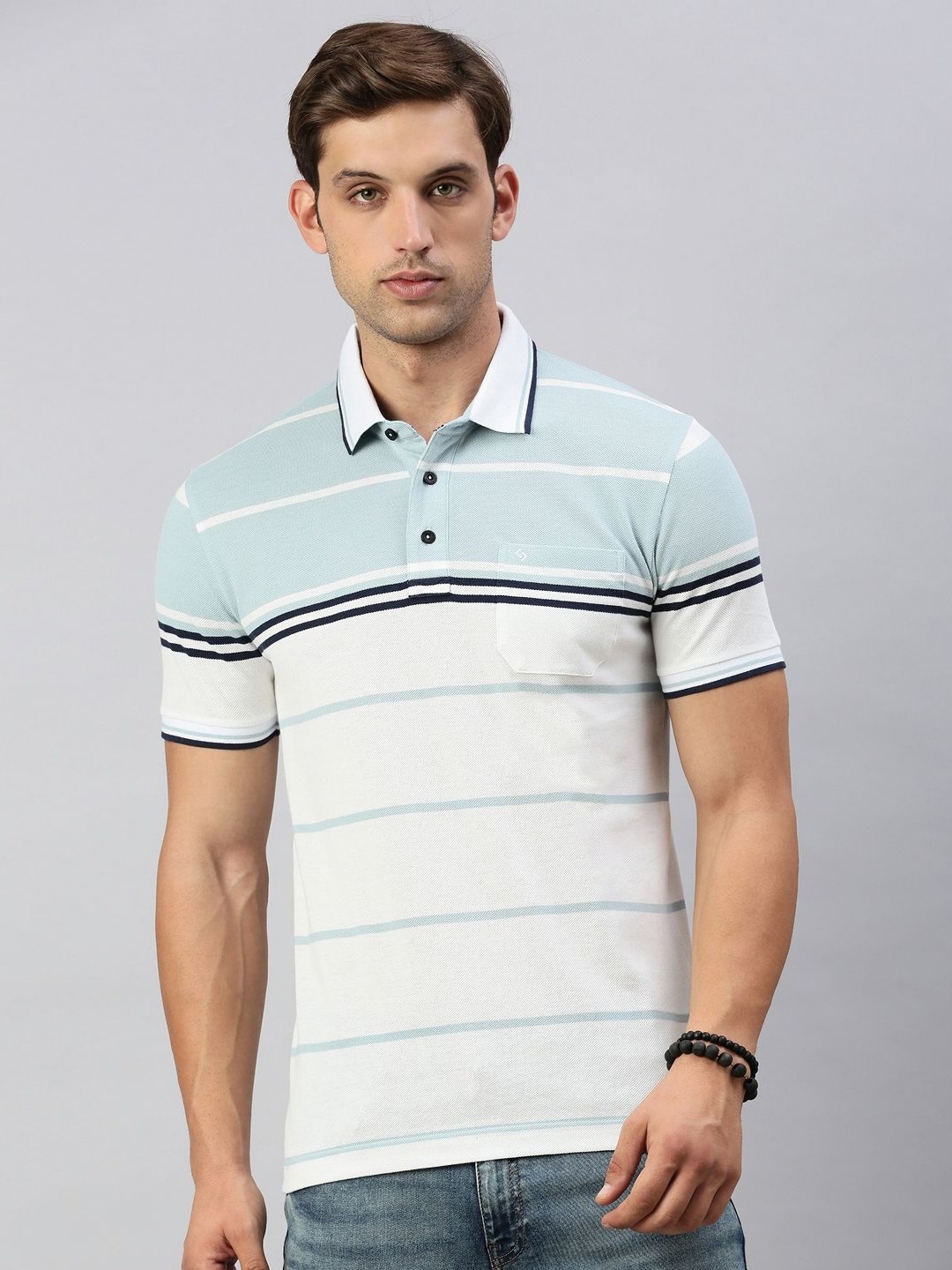 

Classic Polo Men Striped Polo Collar Cotton Slim Fit T-shirt, White