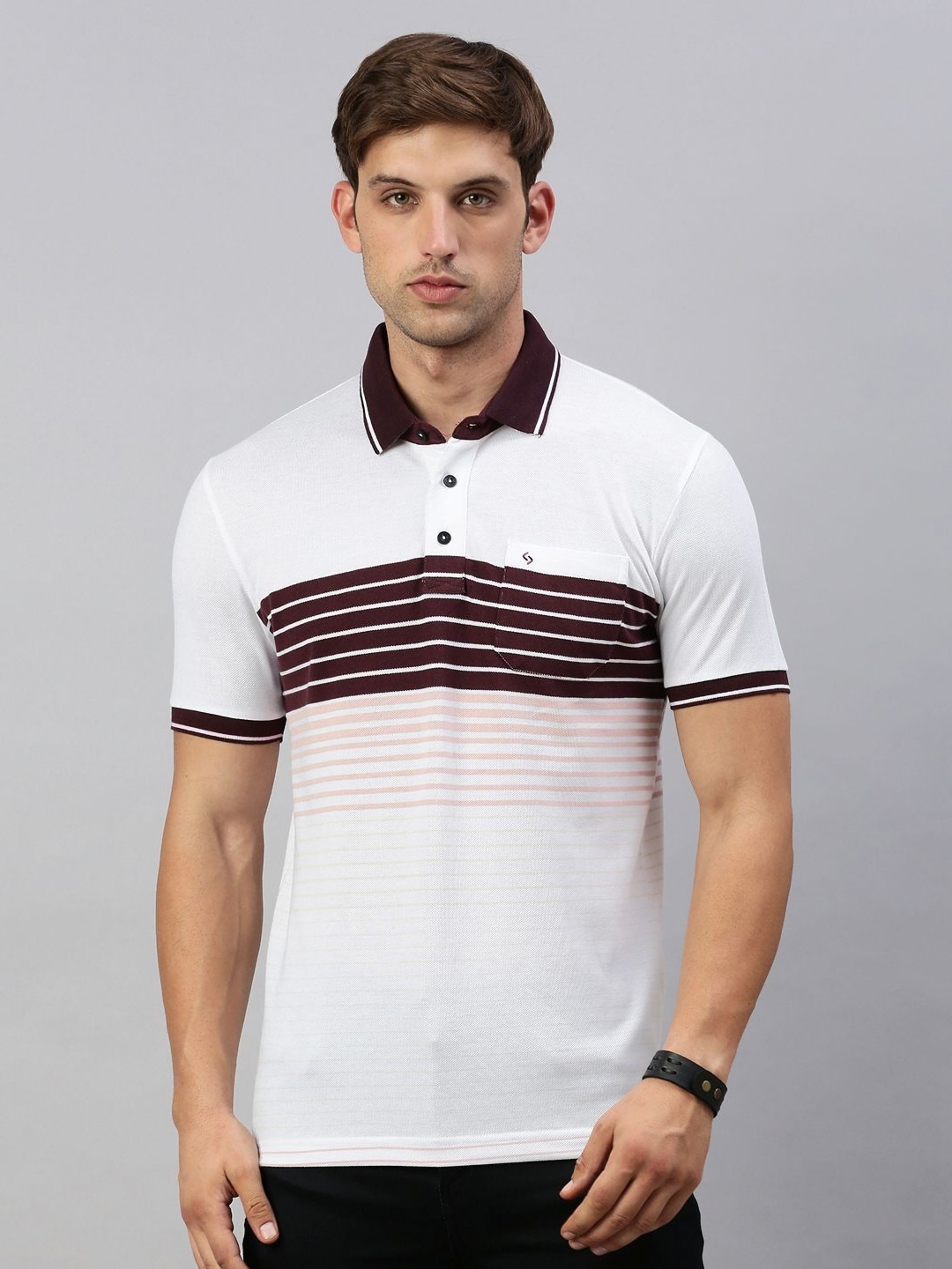 

Classic Polo Men Striped Polo Collar Cotton Slim Fit T-shirt, White