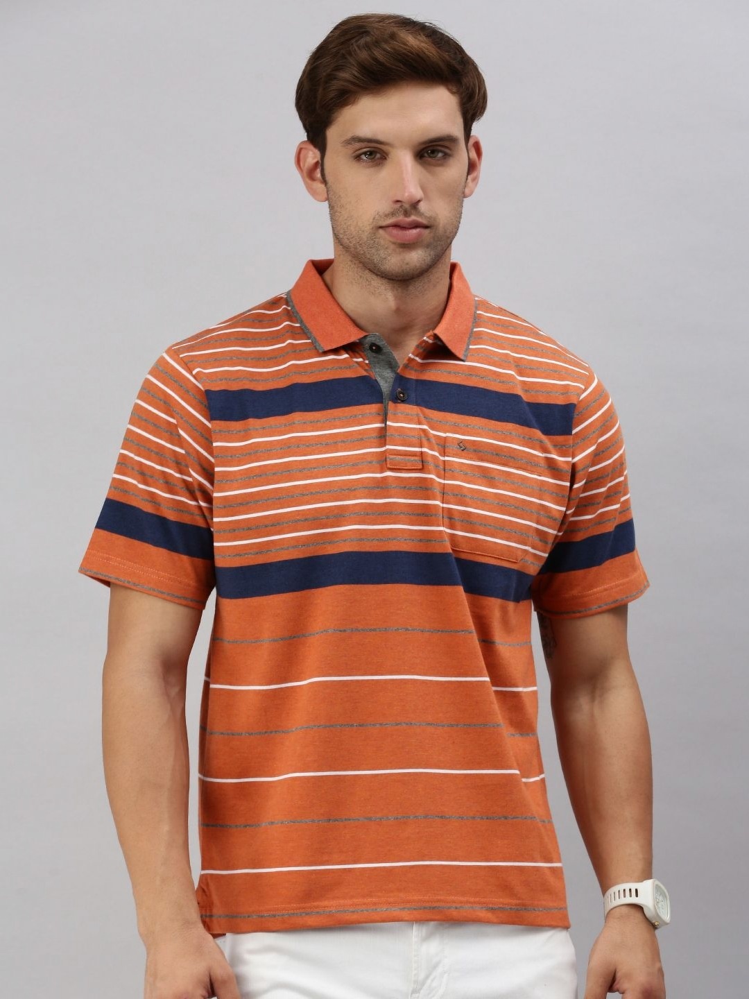 

Classic Polo Men Striped Polo Collar Cotton T-shirt, Orange