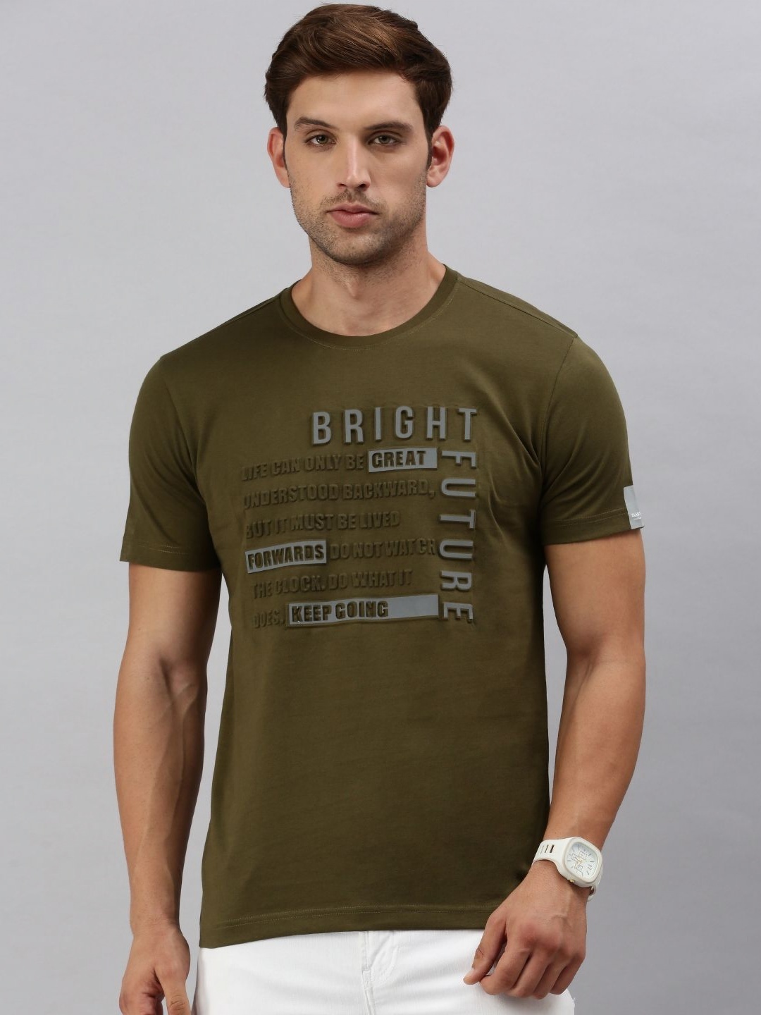 Classic Polo Men Typography Printed Round Neck Pure Cotton Slim Fit T-shirt, Olive