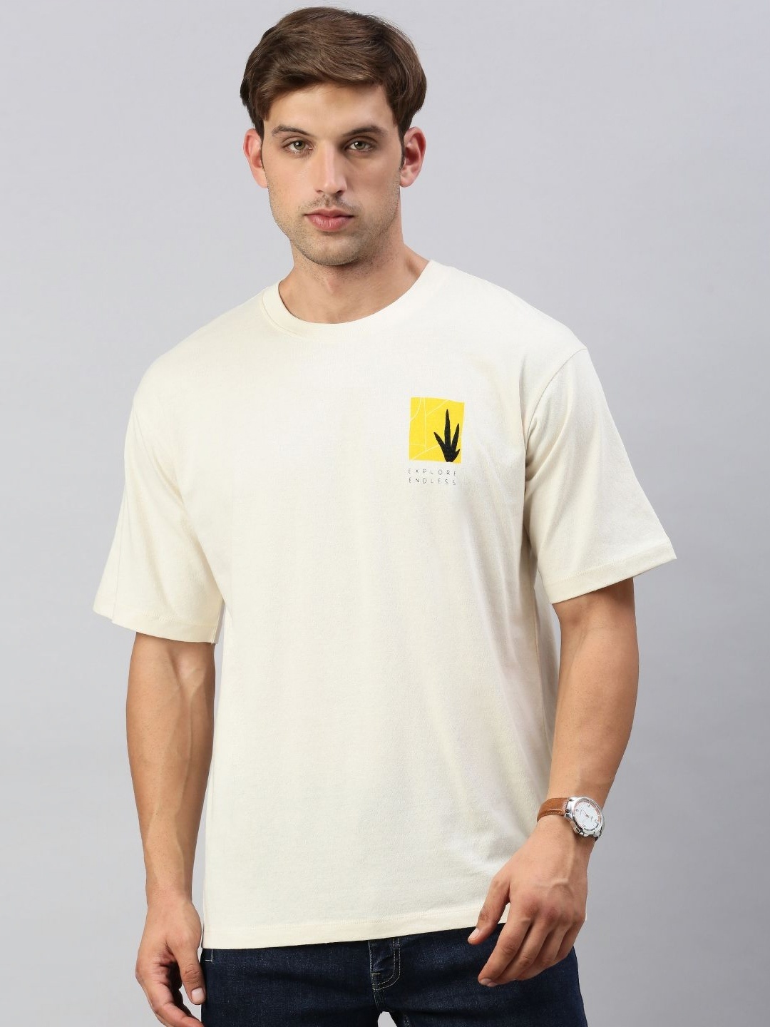 

Classic Polo Men Graphic Printed Round Neck Cotton Relaxed Fit T-shirt, Beige
