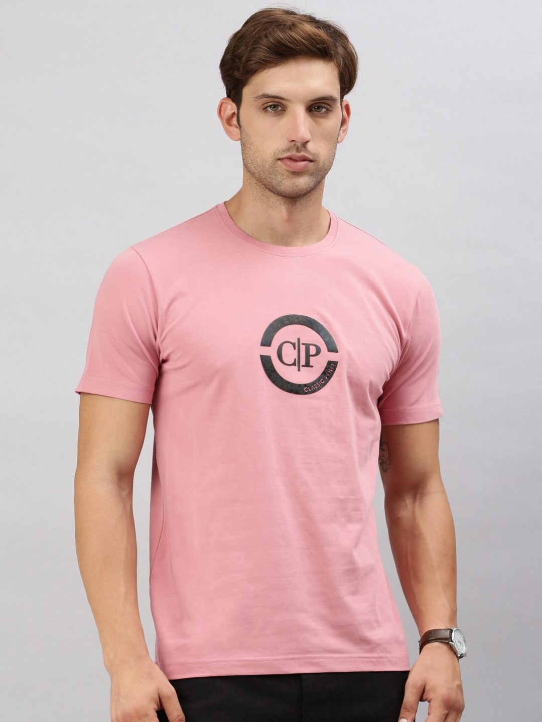 

Classic Polo Men Typography Printed Round Neck Pure Cotton Slim Fit T-shirt, Peach