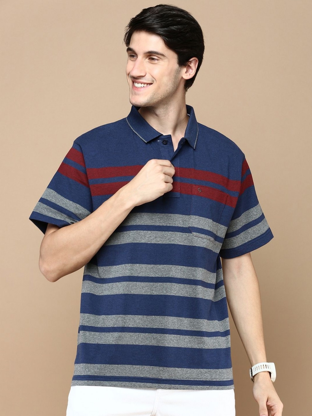 

Classic Polo Men Striped Polo Collar Cotton T-shirt, Navy blue