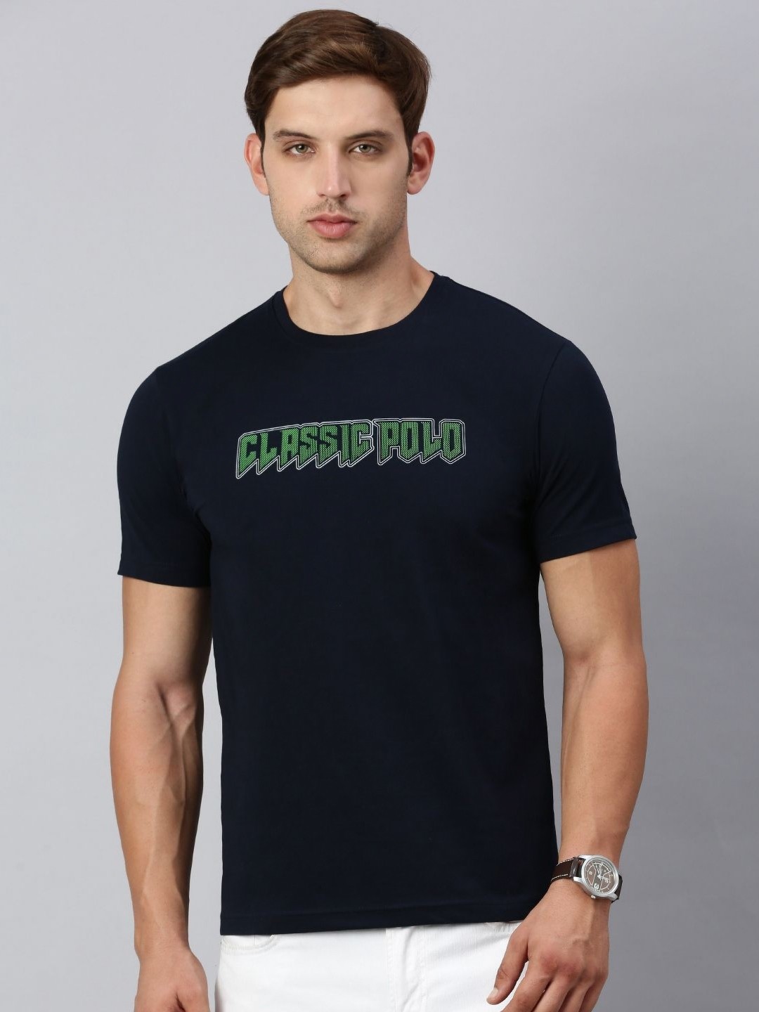 

Classic Polo Men Typography Printed Round Neck Pure Cotton Slim Fit T-shirt, Black