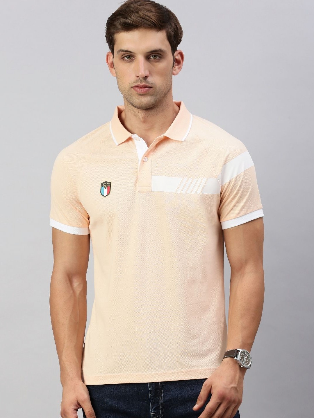 

Classic Polo Men Striped Polo Collar Cotton Slim Fit T-shirt, Beige