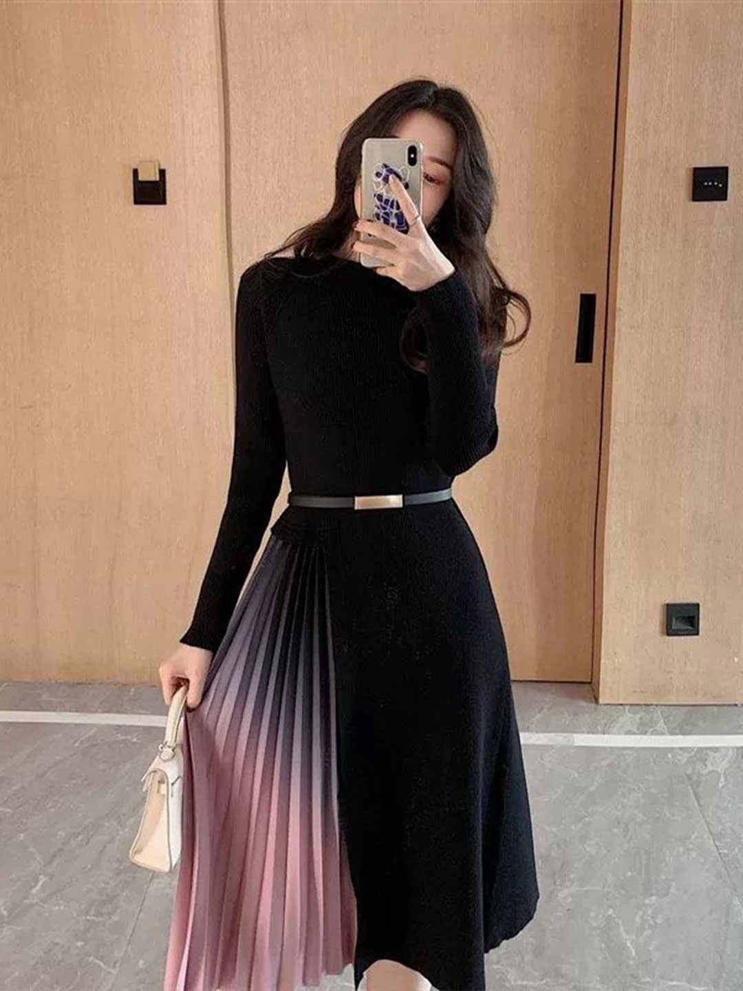 

MADE FOR HER LABEL Colourblocked Pleated A-Line Dress, Black