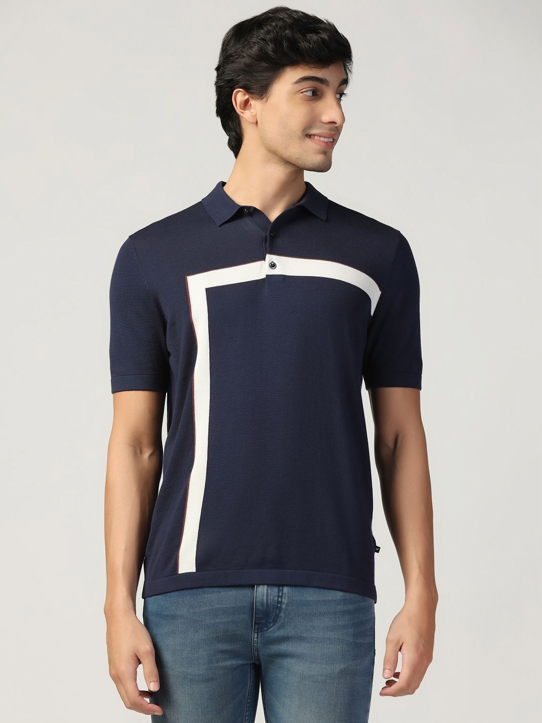 

Blackberrys Men Striped Polo Collar Cotton Slim Fit T-shirt, Navy blue