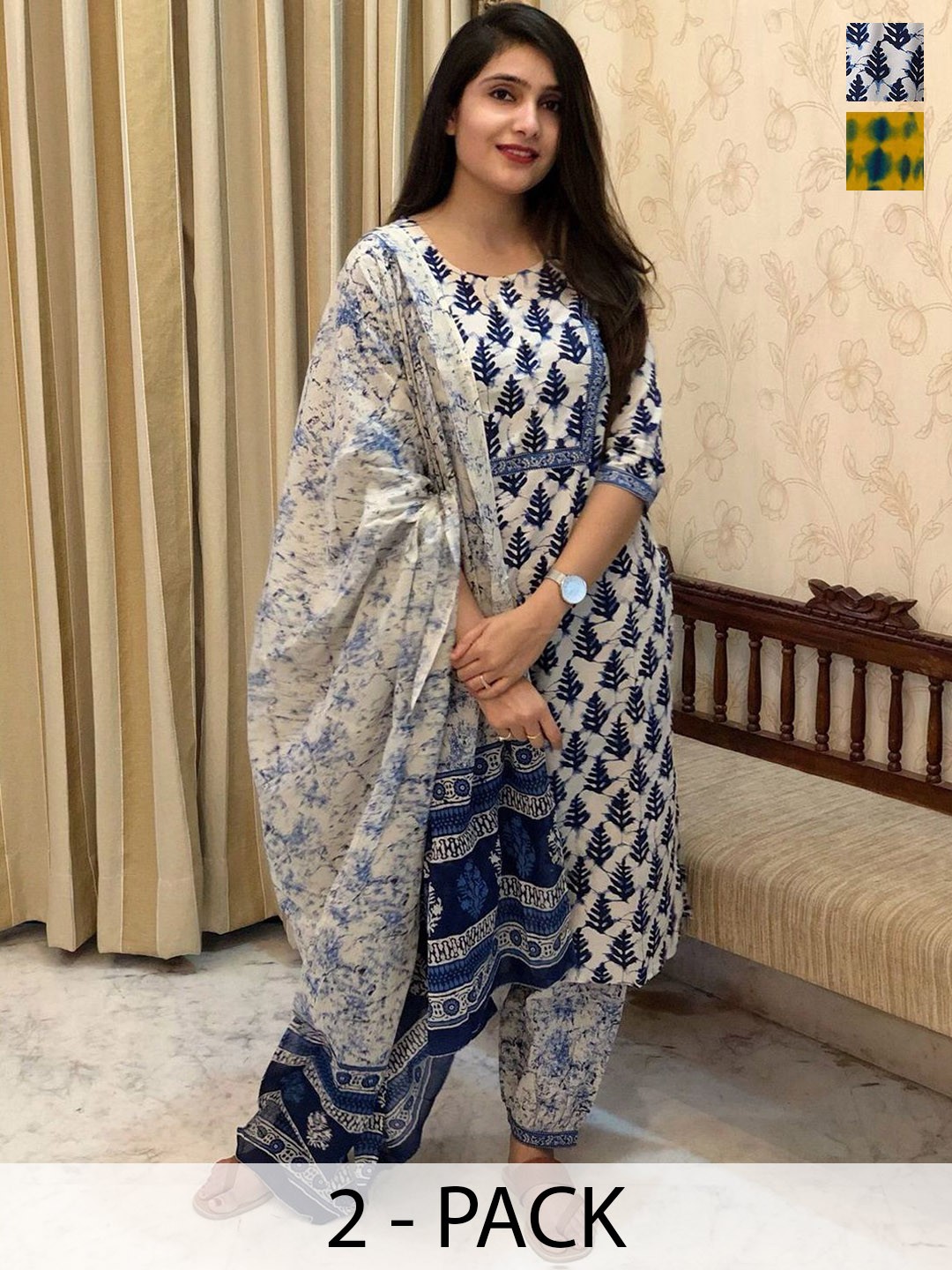 

KALINI Women Floral Printed Regular Kurta with Trousers & With Dupatta, Blue