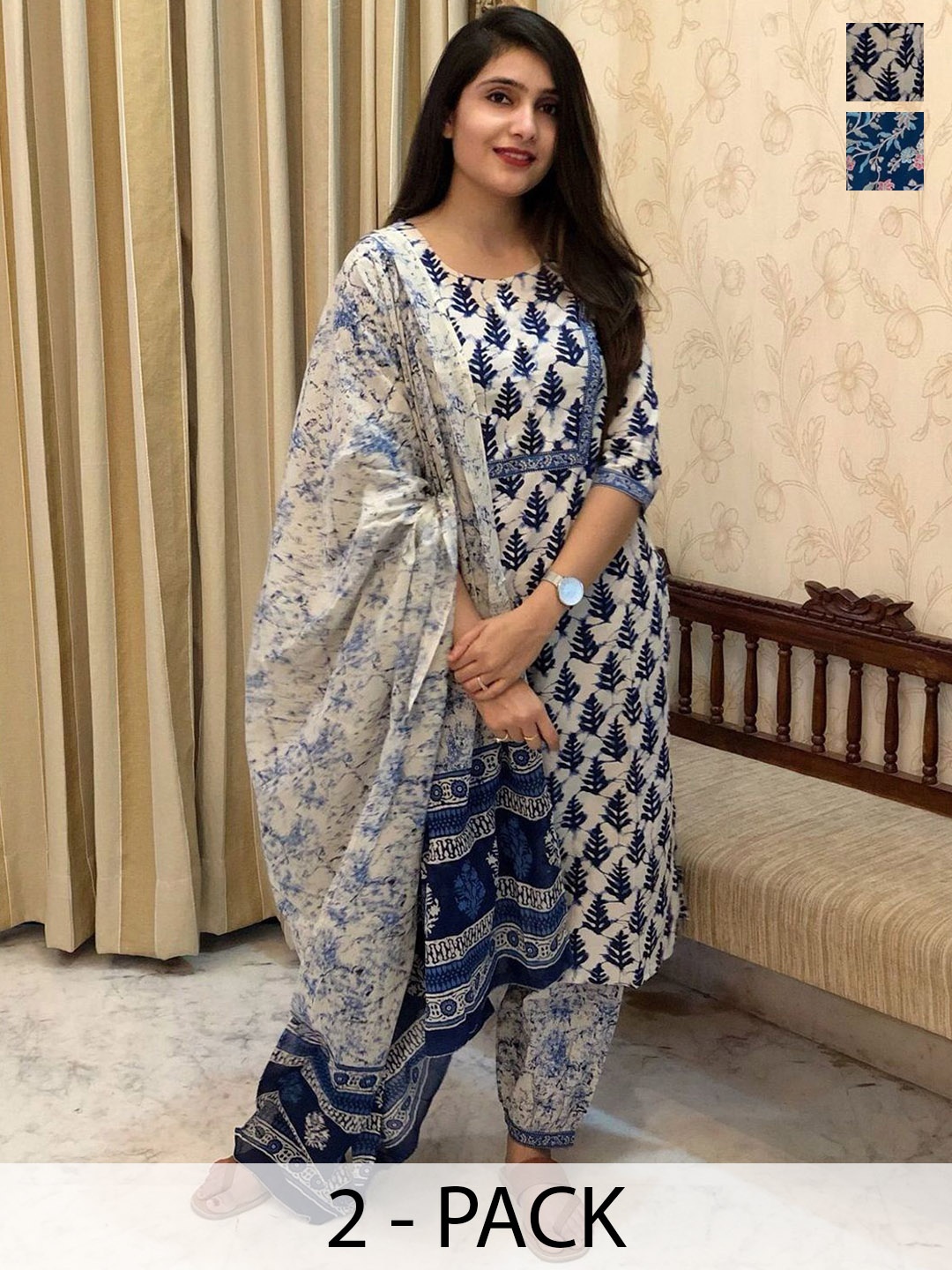 

KALINI Women Floral Printed Regular Kurta with Trousers & With Dupatta, Blue