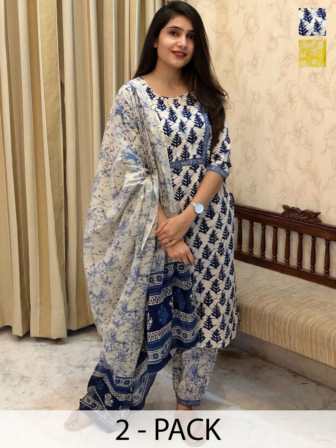 

KALINI Women Ethnic Motifs Printed Regular Kurta with Trousers & With Dupatta, Yellow