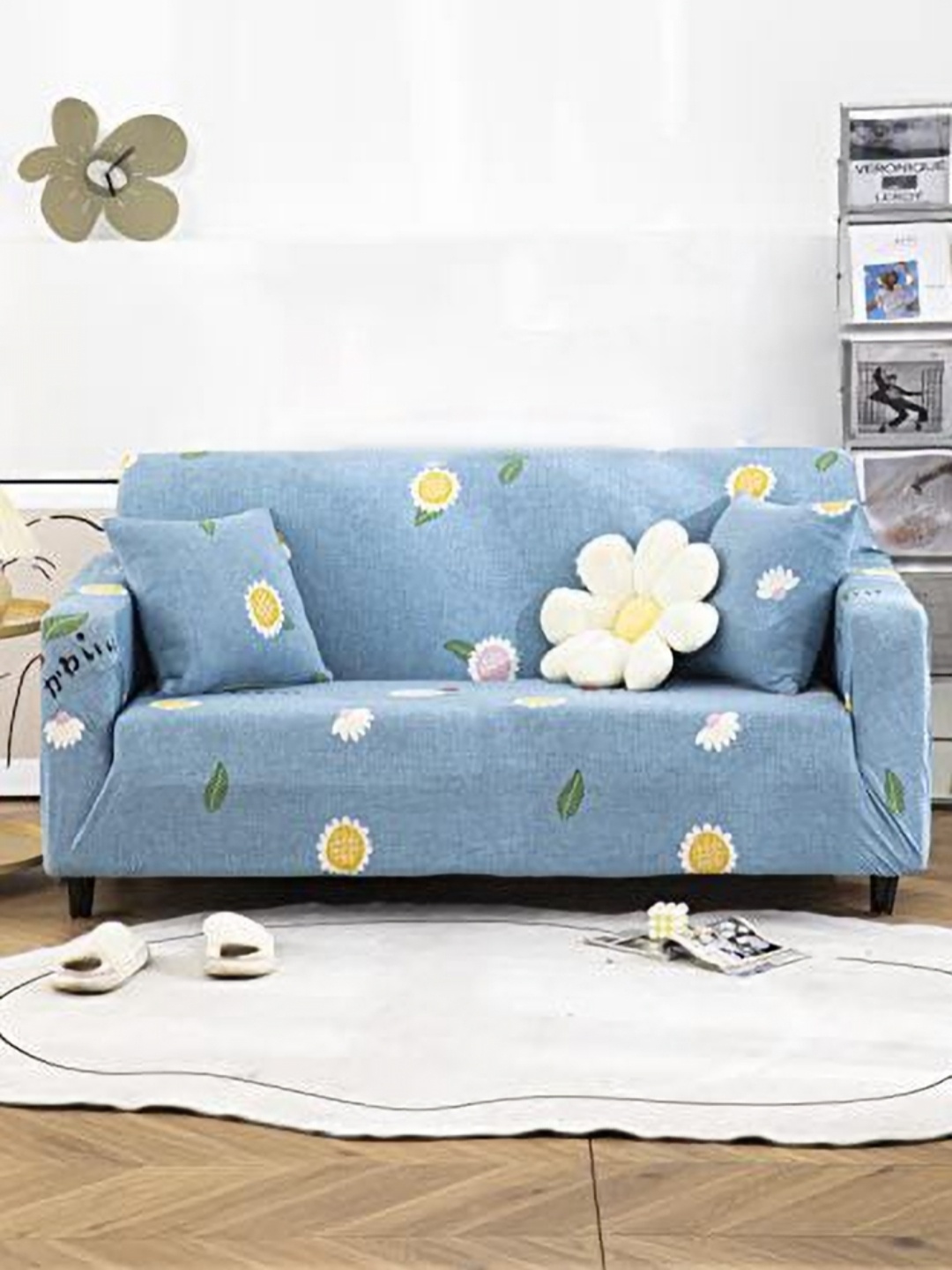 

HOUSE OF QUIRK Blue & Yellow Floral Printed Three Seater Sofa Cover With Arms