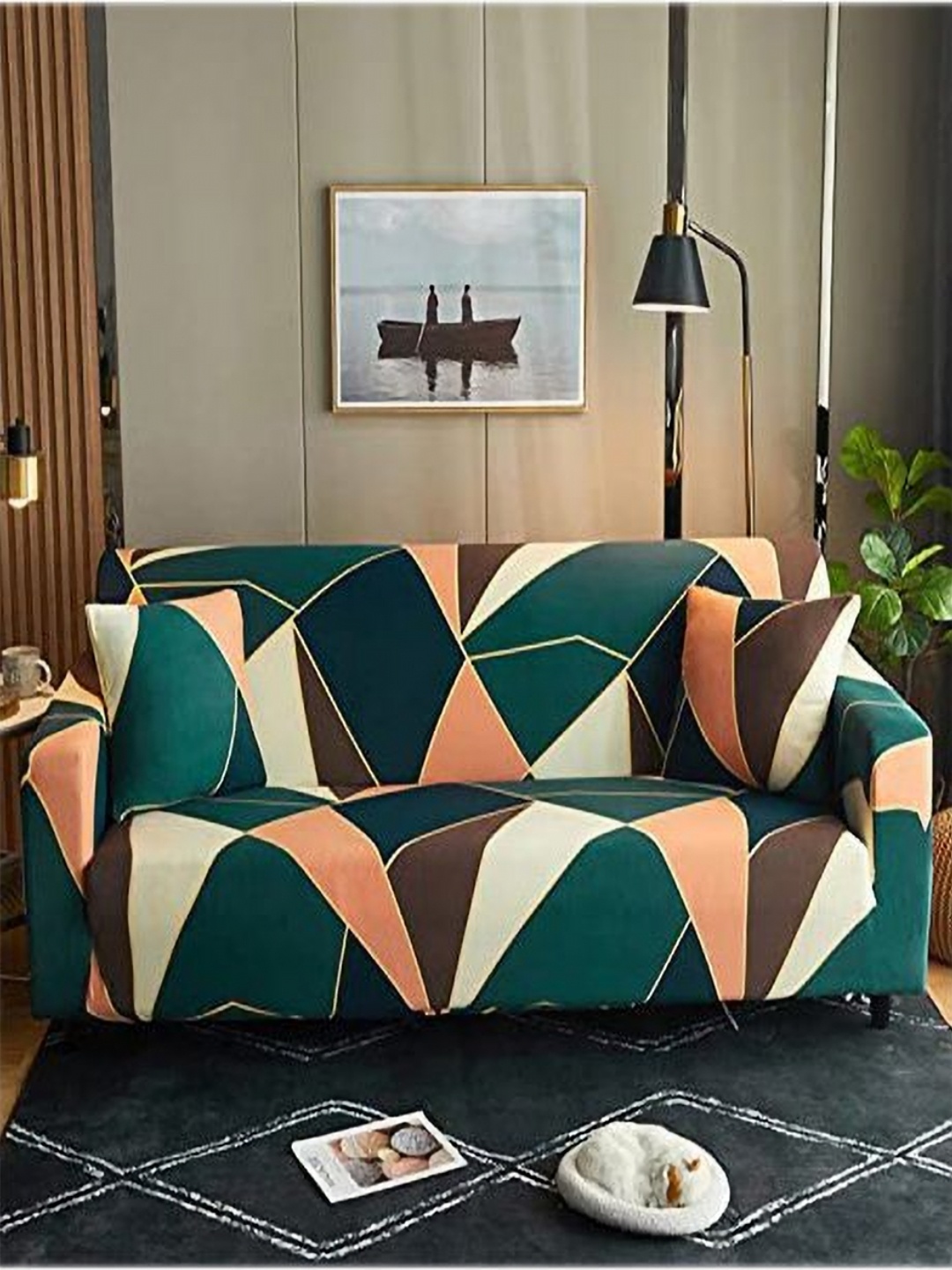 

HOUSE OF QUIRK Green & Brown Abstract Printed Three Seater Sofa Cover With Arms