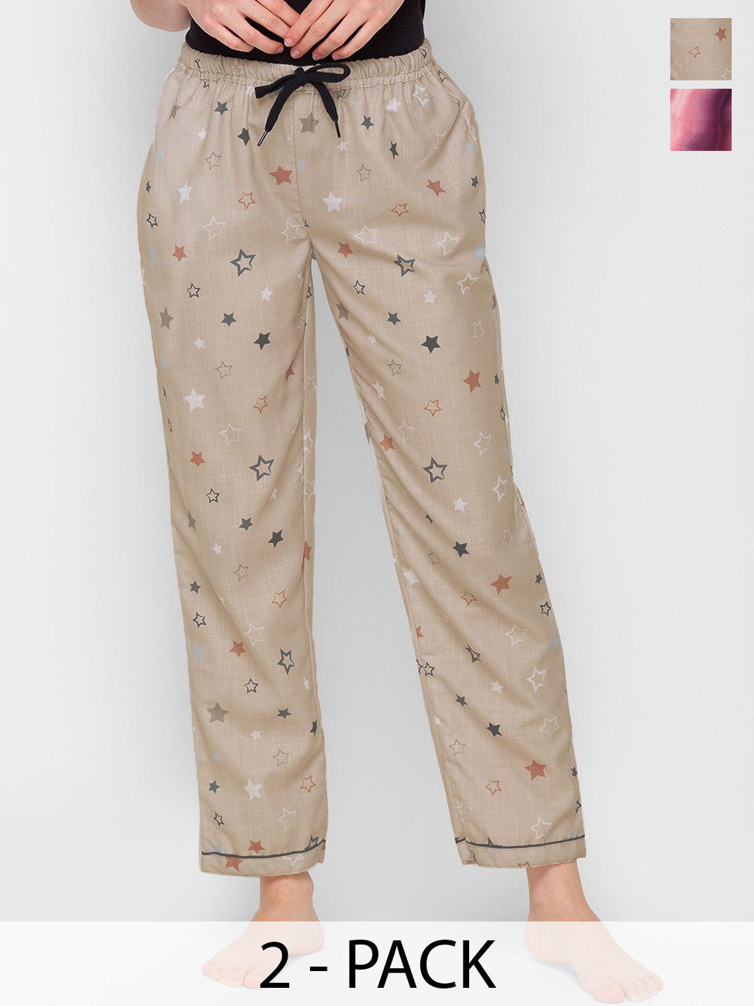 

NOIRA Women Pack Of 2 Printed Lounge Pants, Beige