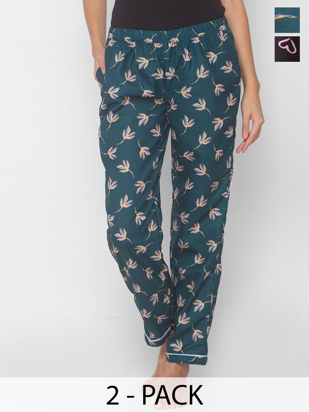 

NOIRA Women Pack Of 2 Printed Cotton Mid-Rise Lounge Pants, Blue