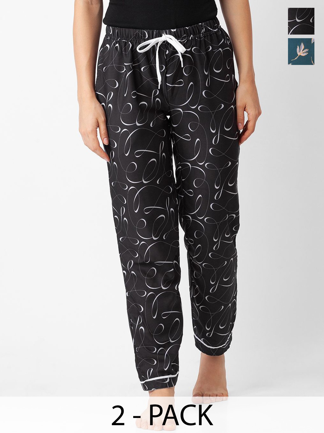 

NOIRA Women Pack Of 2 Printed Mid-Rise Lounge Pants, Black