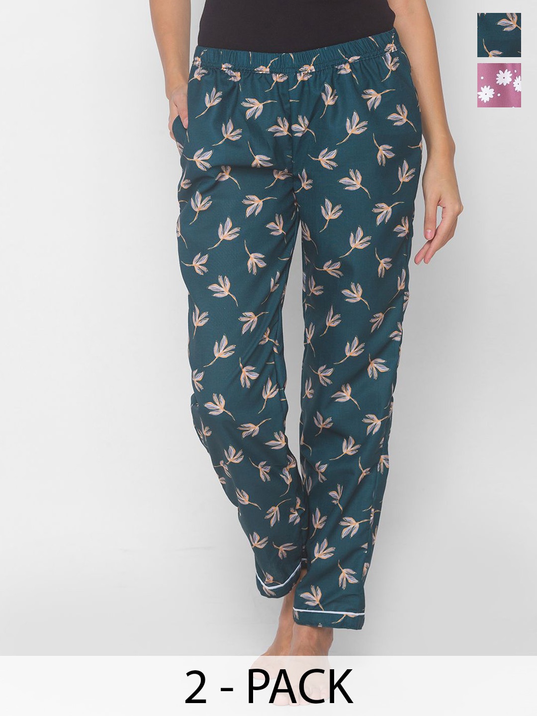 

NOIRA Women Pack Of 2 Printed Mid-Rise Lounge Pants, Peach
