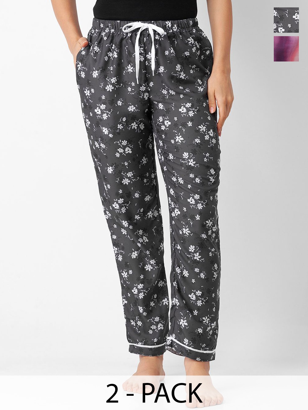 

NOIRA Women Pack Of 2 Printed Mid Rise Lounge Pants, Grey