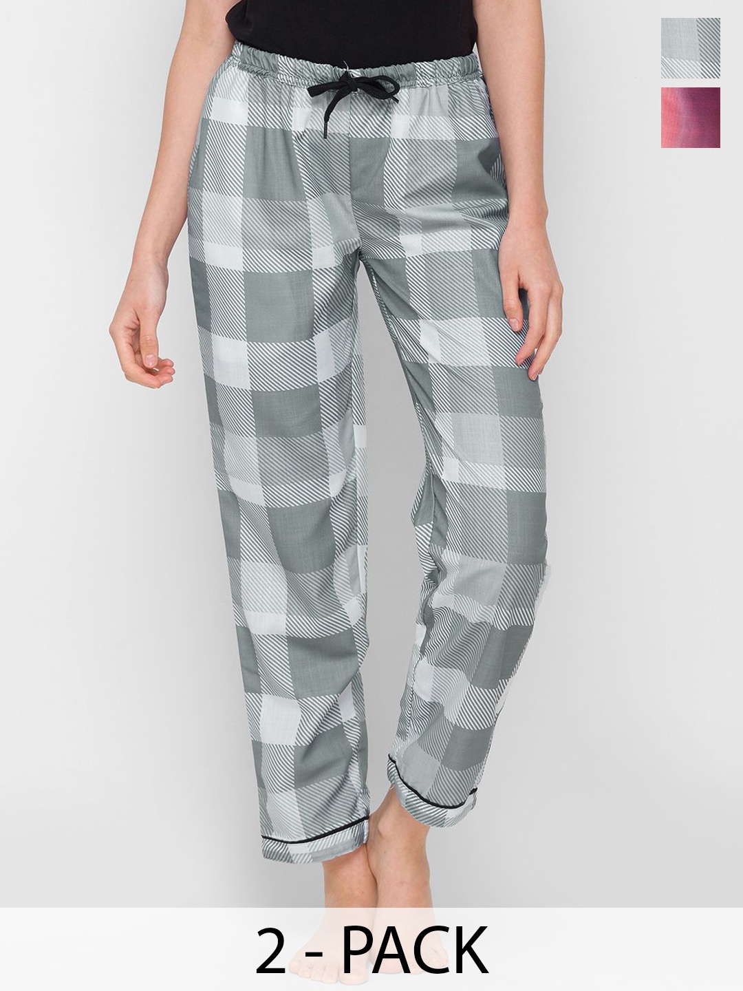 

NOIRA Women Pack Of 2 Printed Mid-Rise Lounge Pants, Grey