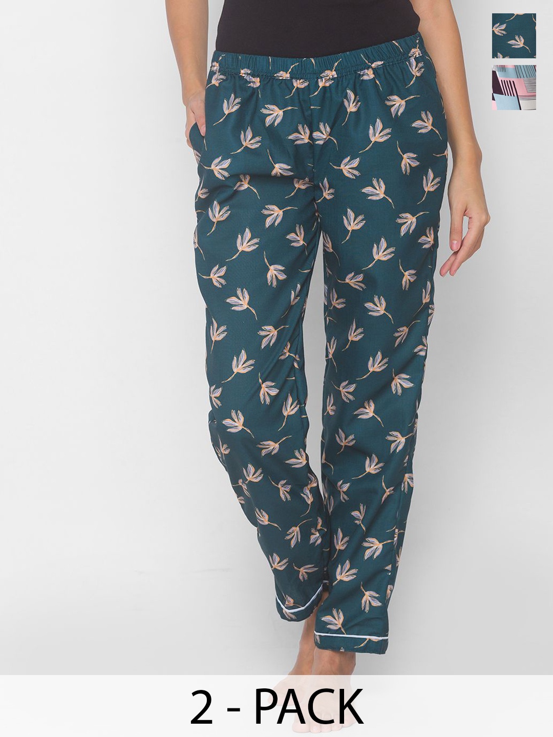 

NOIRA Women Pack Of 2 Printed Cotton Lounge Pants, Black