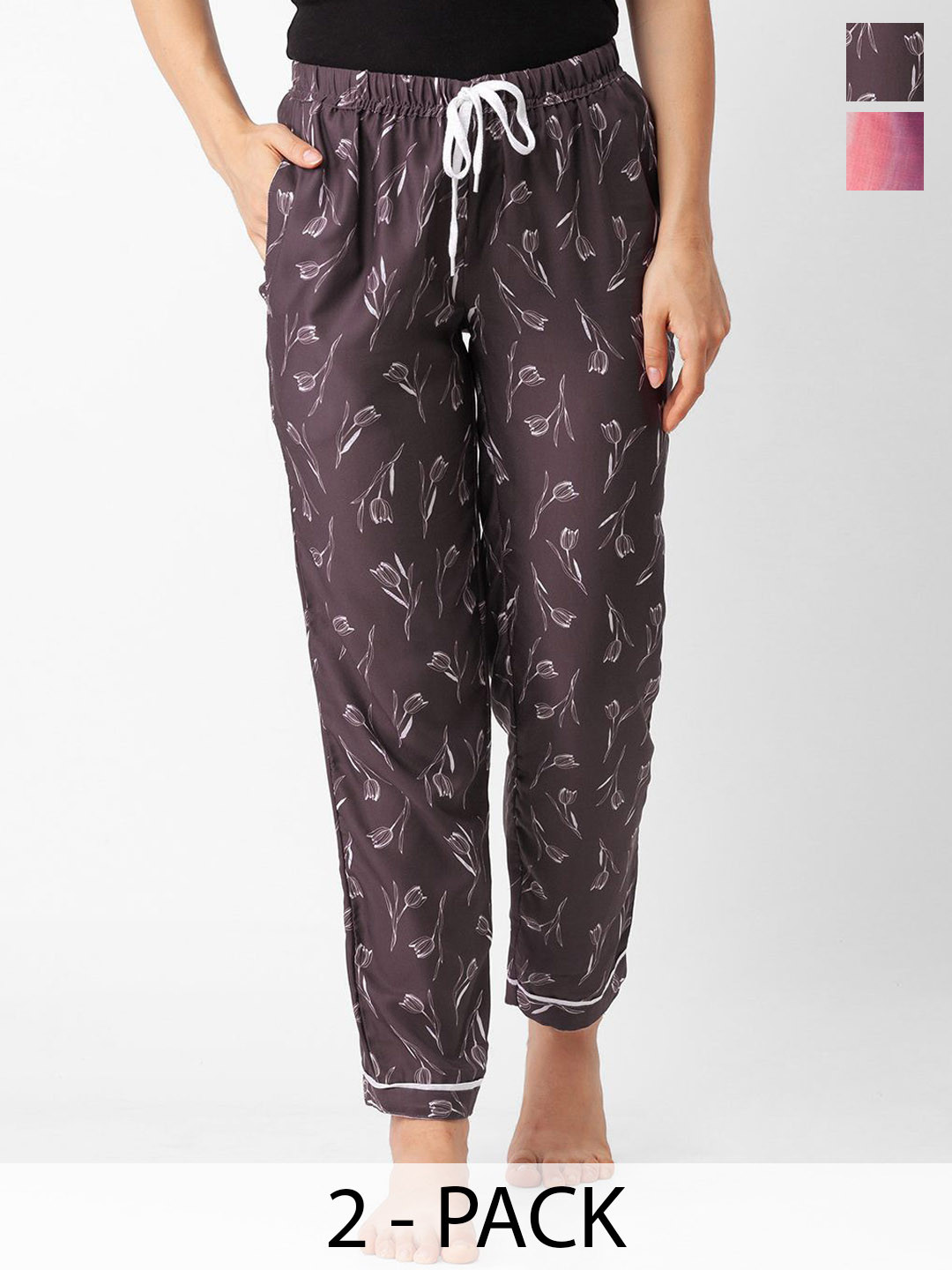 

NOIRA Women Pack Of 2 Printed Cotton Lounge pants, Brown