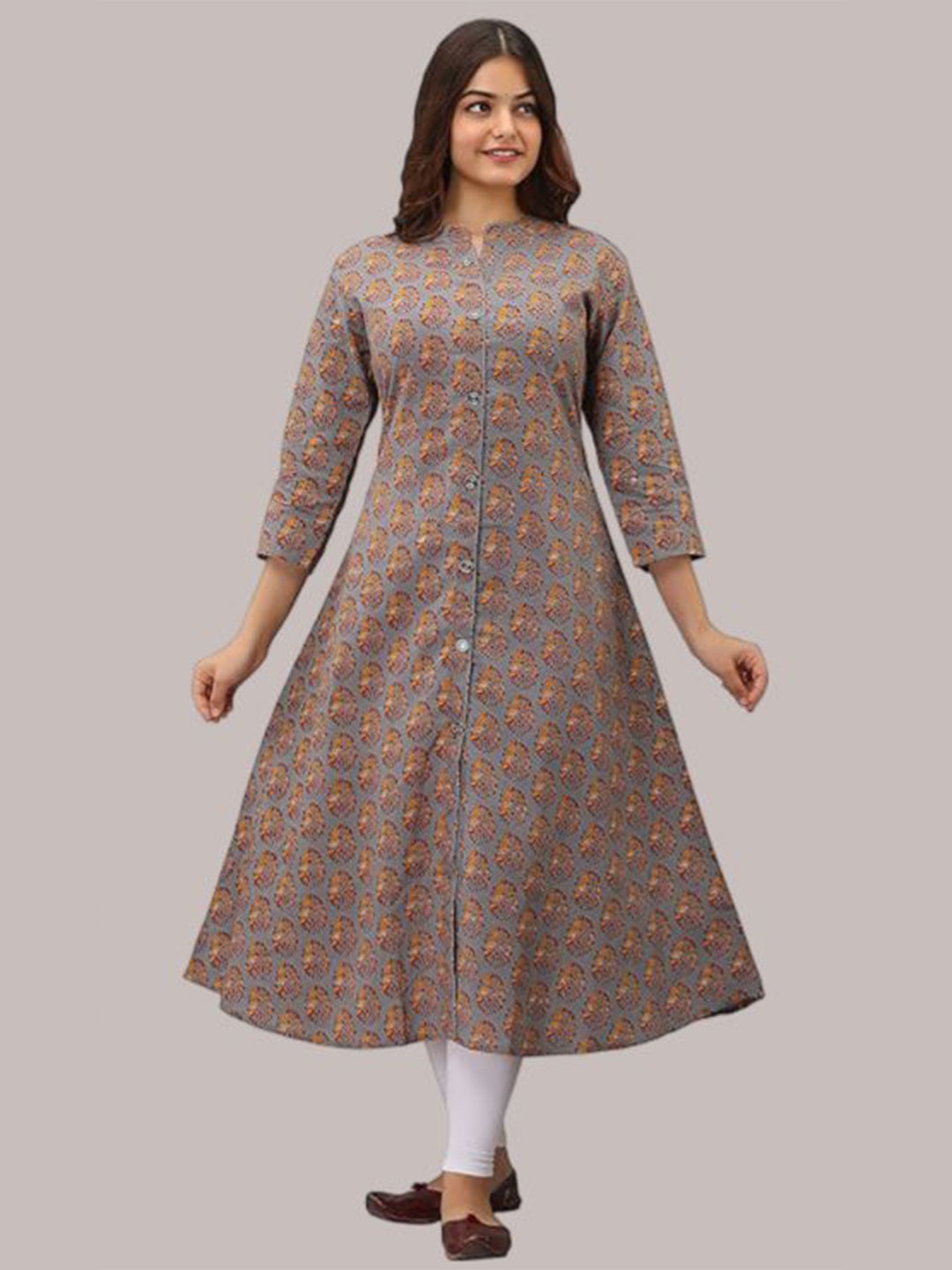 

13-Star Women Printed Mandarin Collar Front Slit Pure Cotton A-Line Kurta, Coffee brown