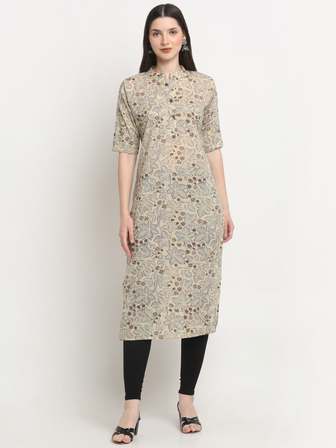 

13-Star Women Printed Mandarin Collar Pure Cotton Straight Kurta, Beige