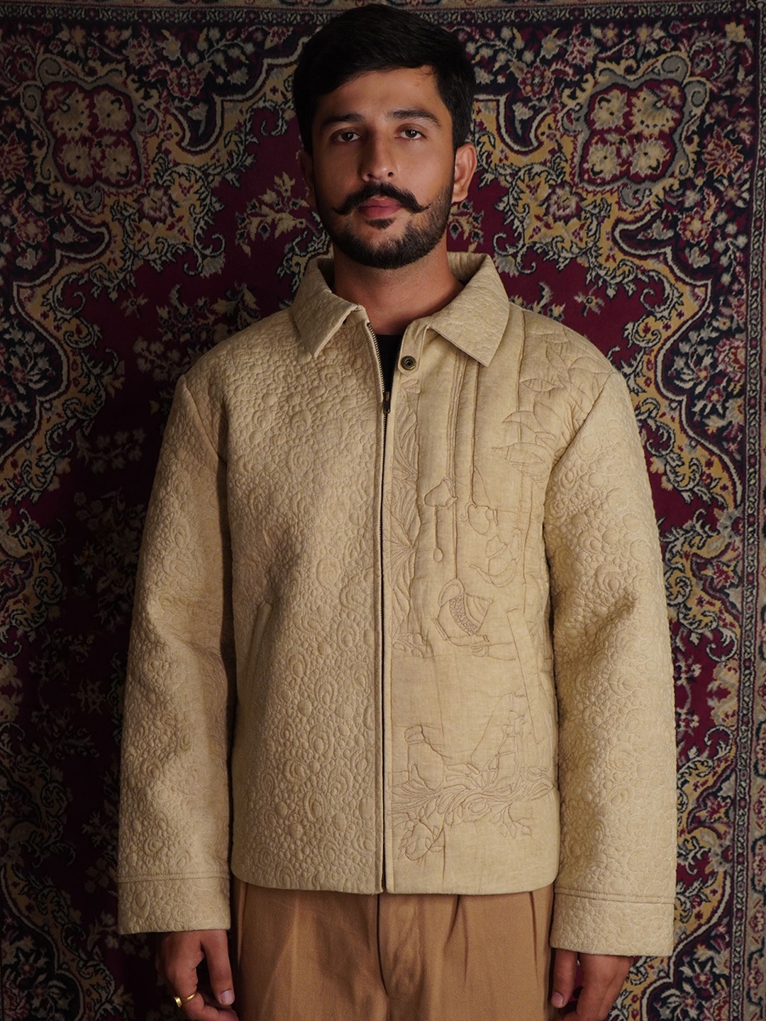 

THE MITESH Men Spread Collar Self Design Cotton Casual Tailored Jacket, Beige