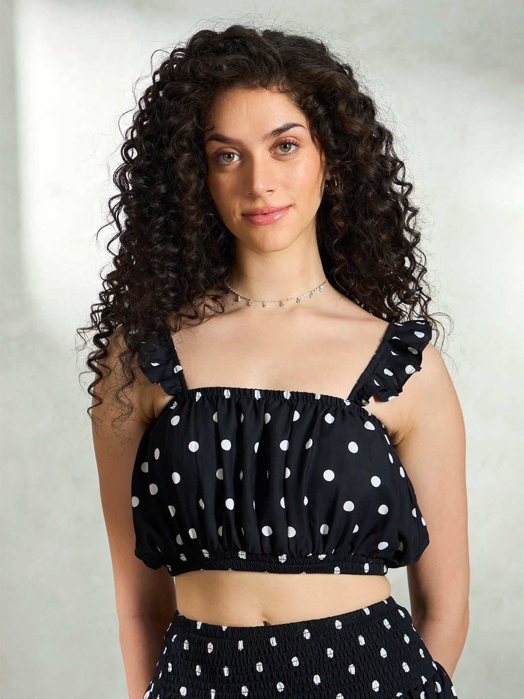 

Virgio Women Dots Square Neck Mini Length Viscose Top, Black