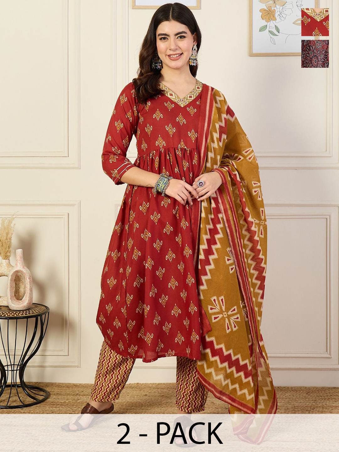 

KALINI Women Ethnic Motifs Printed Regular Kurta with Trousers & With Dupatta, Red