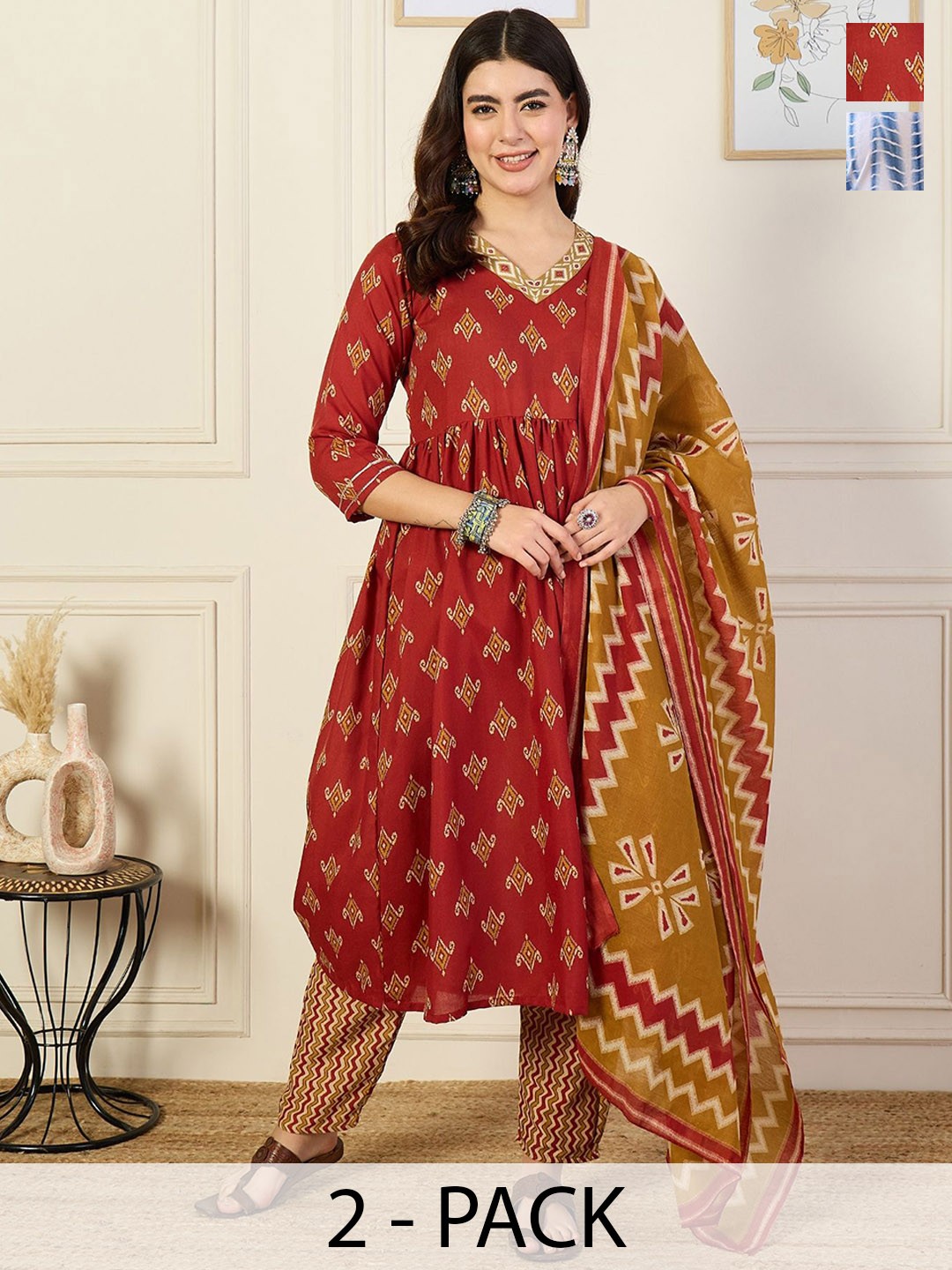 

KALINI Women Ethnic Motifs Printed Regular Kurta with Trousers & With Dupatta, Red