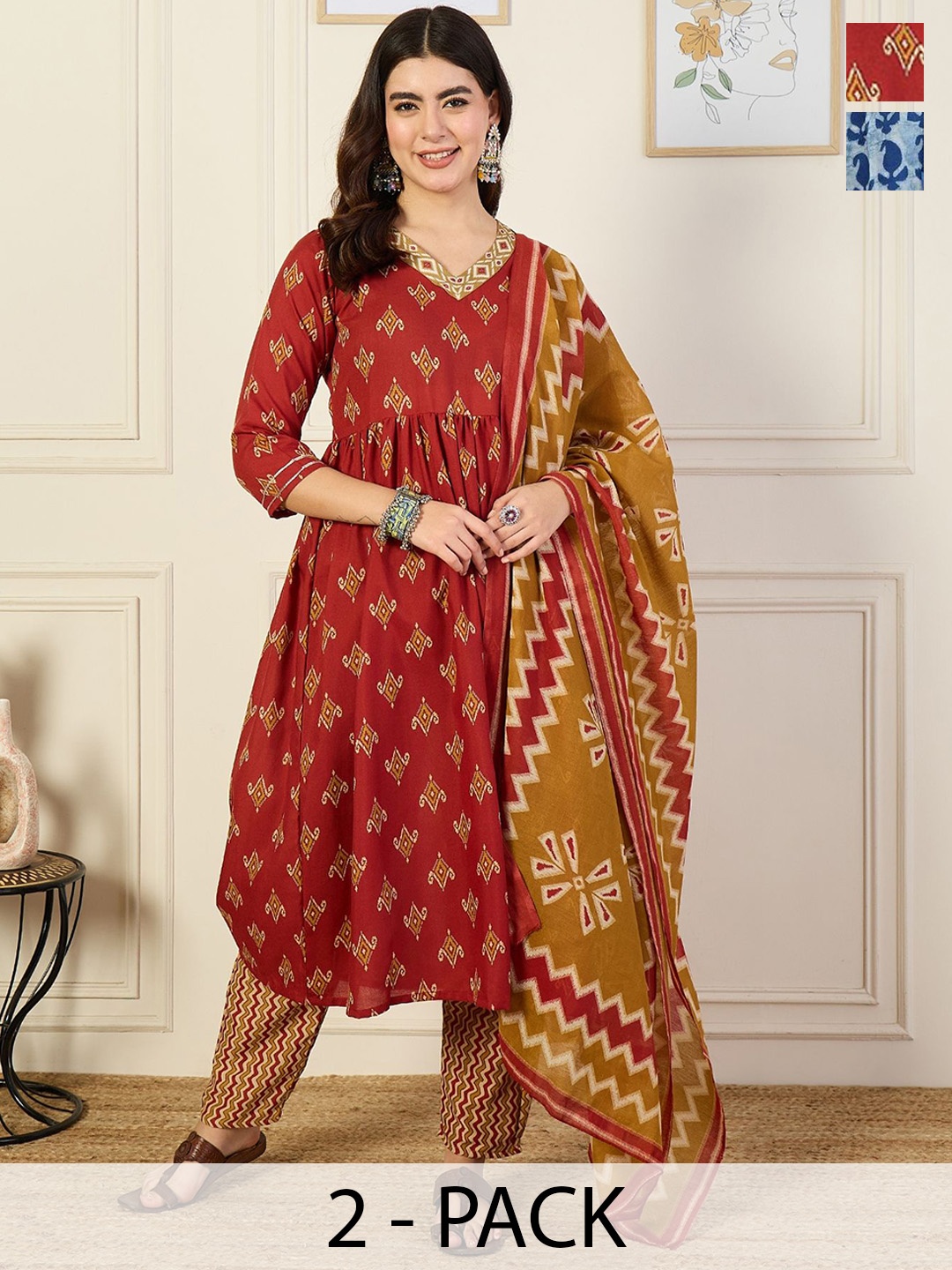 

KALINI Women Ethnic Motifs Printed Regular Kurta with Trousers & With Dupatta, Red