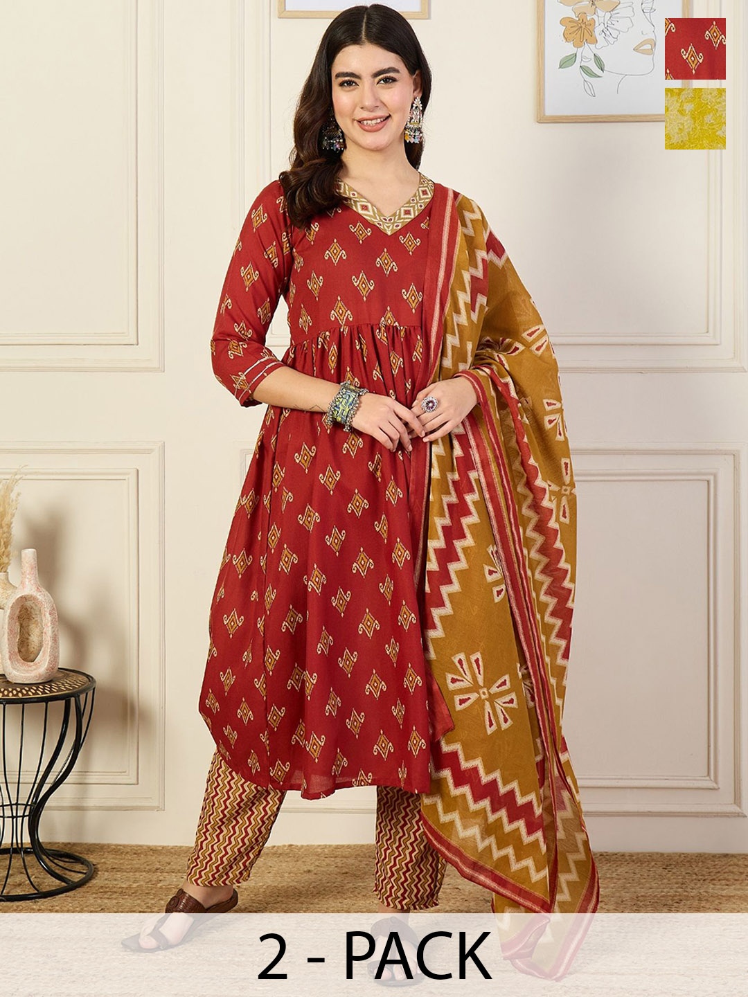 

KALINI Women Ethnic Motifs Printed Regular Kurta with Trousers & With Dupatta, Yellow