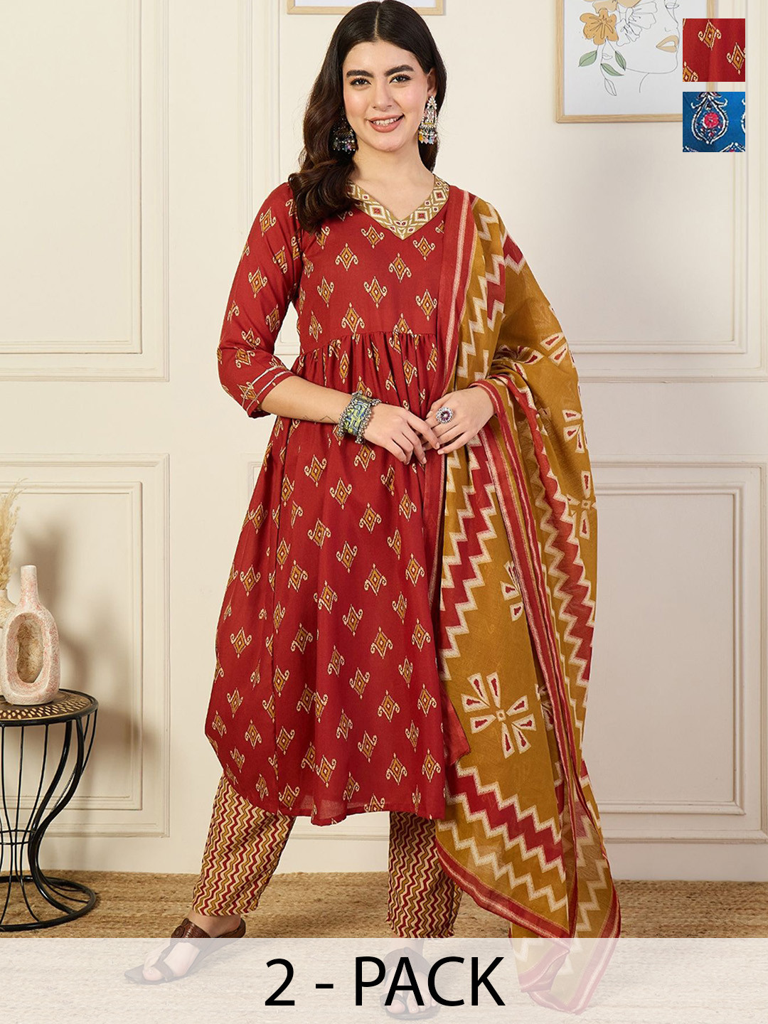 

KALINI Women Ethnic Motifs Printed Regular Kurta with Trousers & With Dupatta, Blue