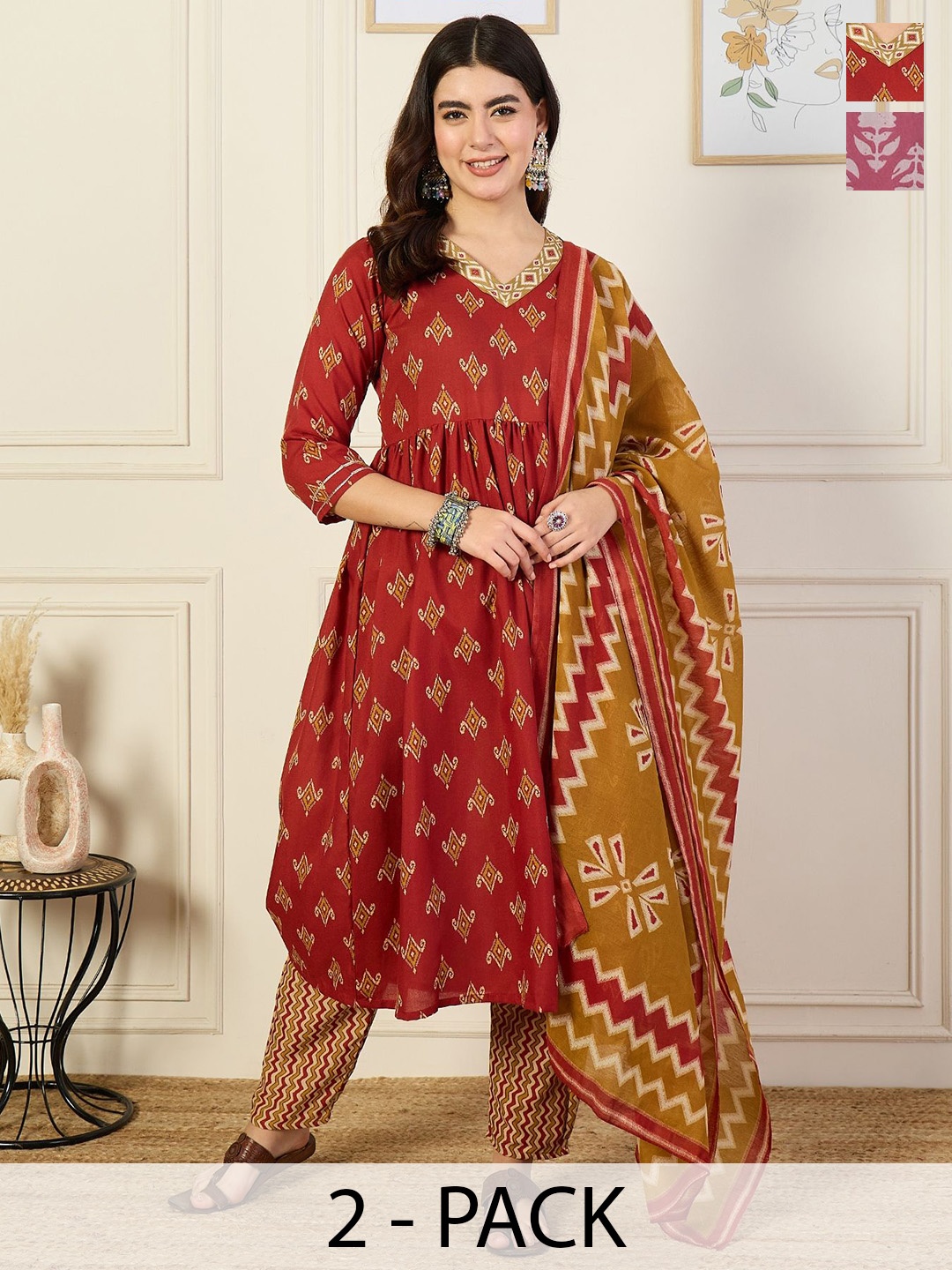 

KALINI Women Ethnic Motifs Printed Regular Kurta with Trousers & With Dupatta, Red
