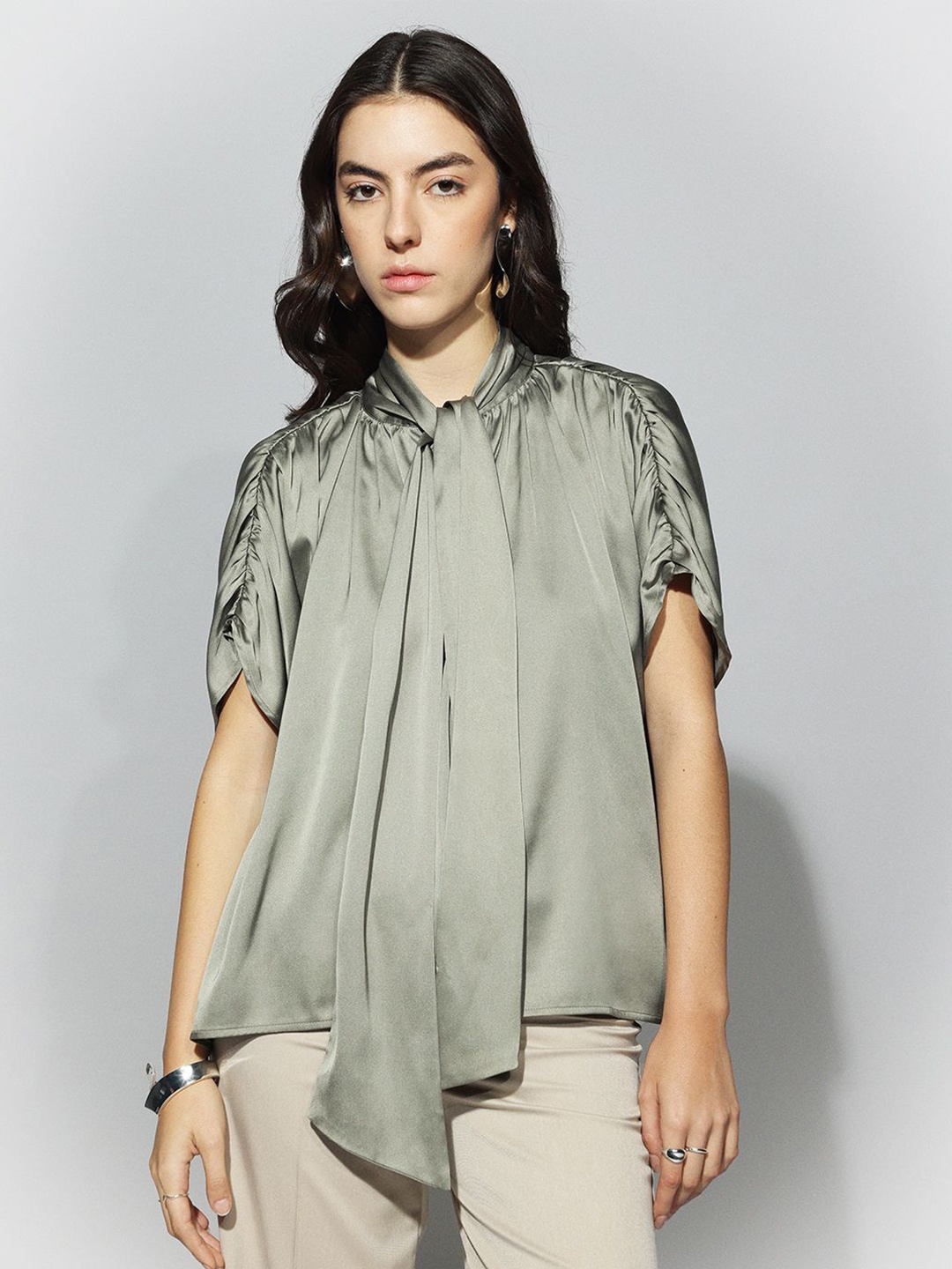 

H&M Women Satin Bow Blouse, Green