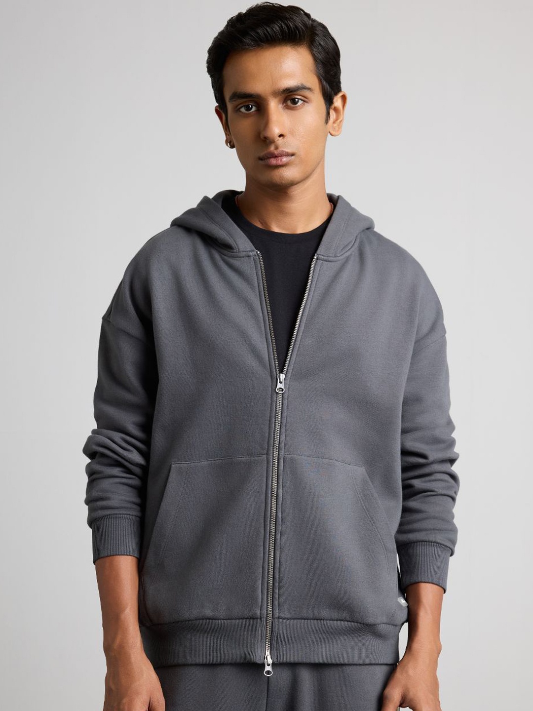 

Muvazo Men Hooded Solid Cotton Casual Bomber Jacket, Grey