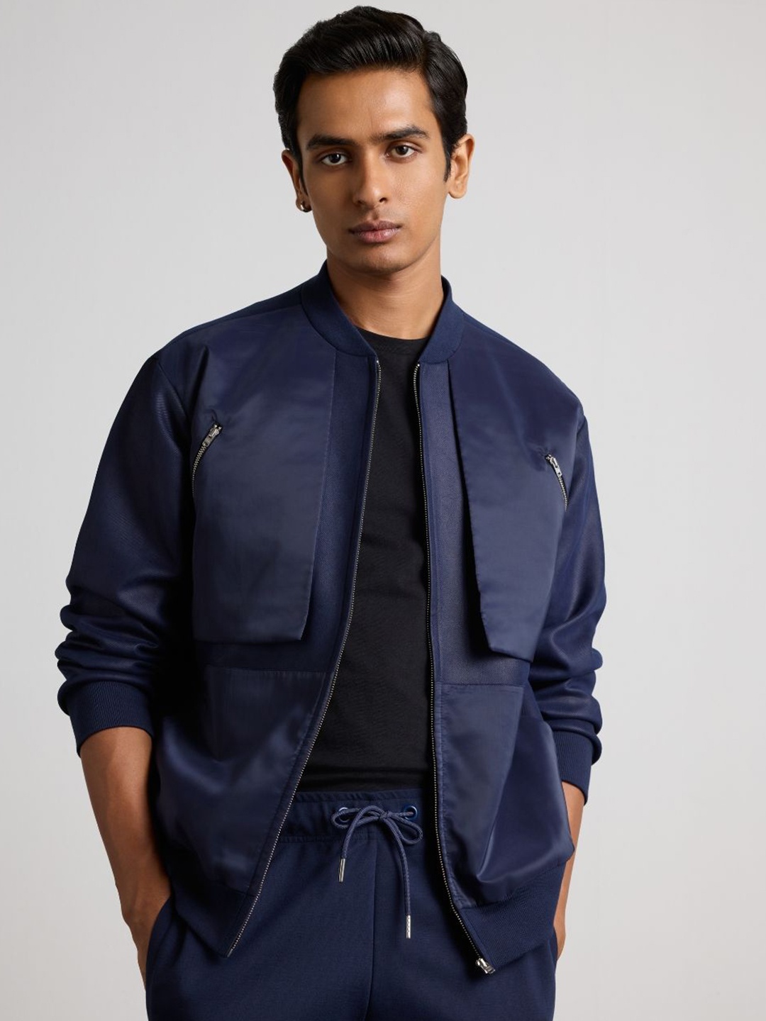 

Muvazo Men Stand Collar Solid Cotton Casual Bomber Jacket, Navy blue