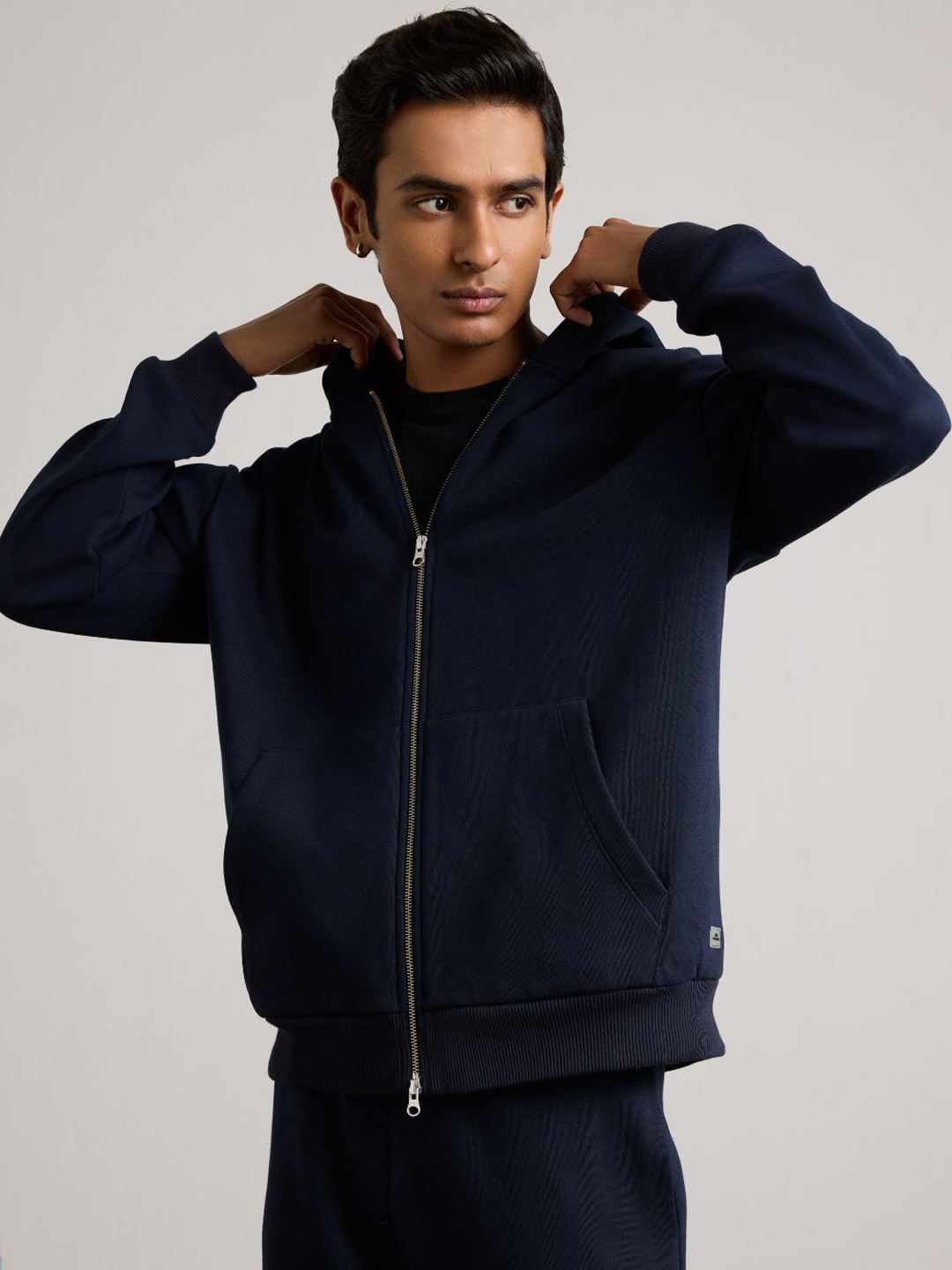 

Muvazo Men Hooded Solid Cotton Casual Bomber Jacket, Navy blue