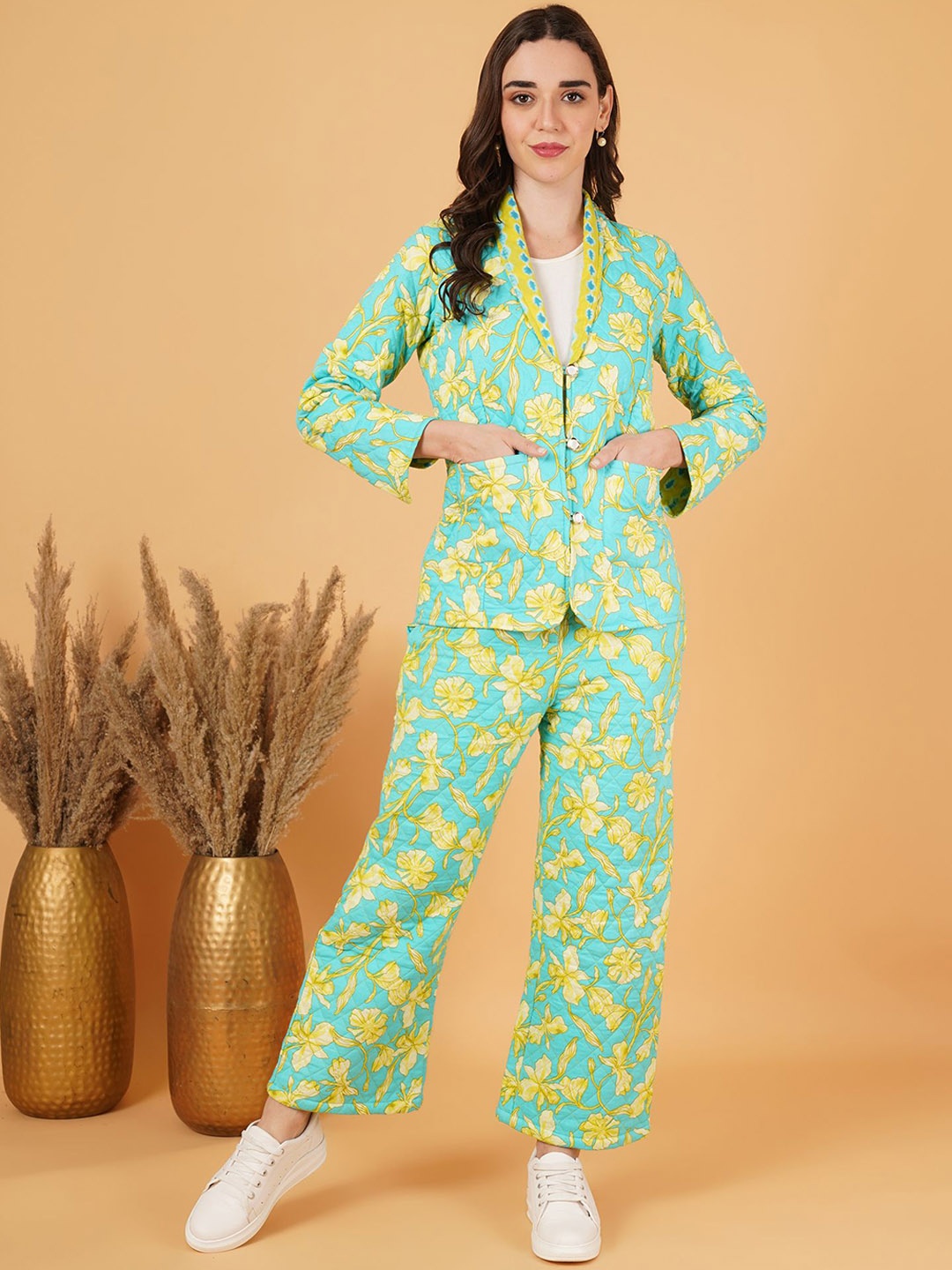 

KALINI Printed Pure Cotton Blazer With Trousers Co-Ords Set, Sea green